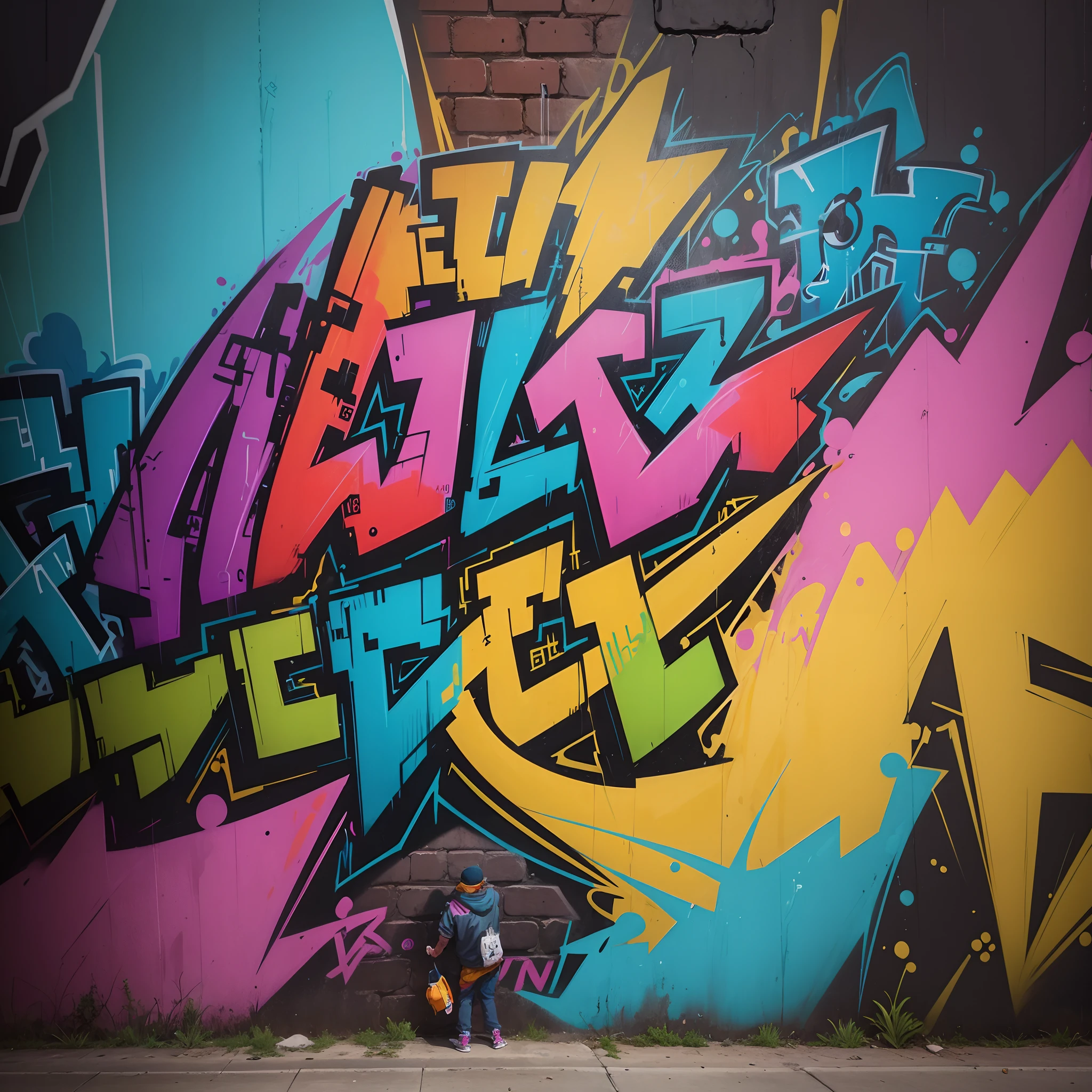 um grafite colorido e vibrante em uma parede de tijolos, The character exudes confidence and creative expression, o ambiente urbano decadente, with previous graffiti on the walls and dim lights creating a mood of mystery, illustration, estilo graffiti com uso de cores vivas, --AR 16:9 --V 5