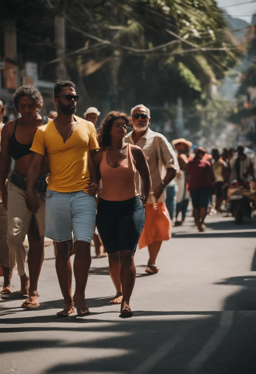 several men and women in the middle of the streets of Rio de Janeiro Brazil with the super strong sun melting these people.