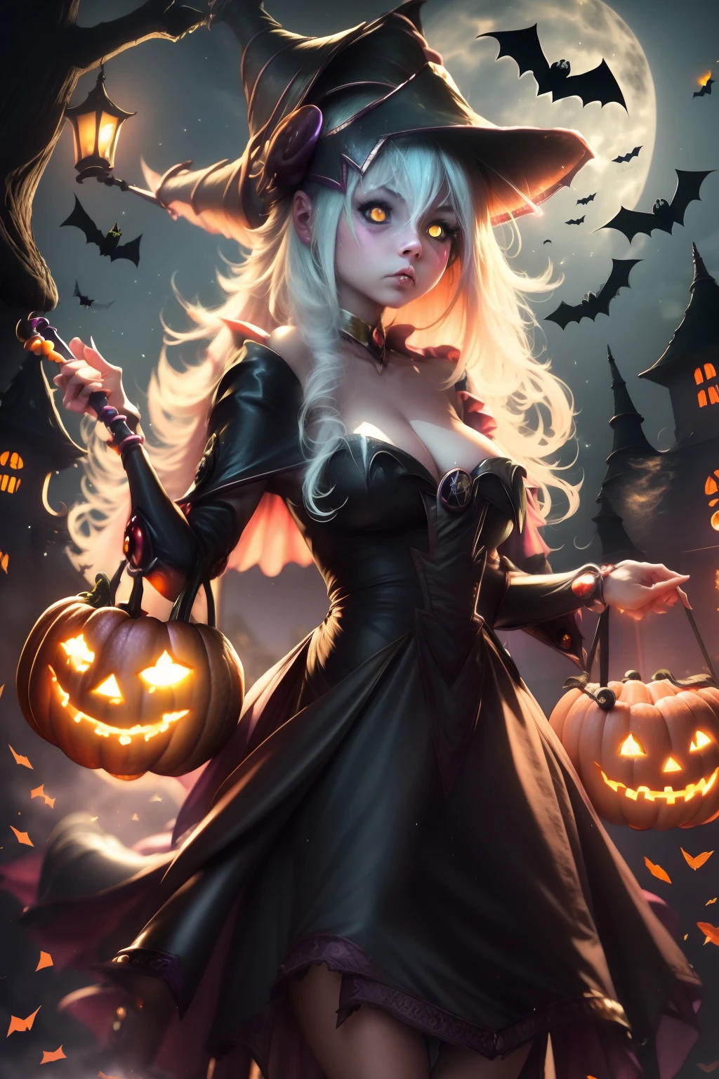 "Tema de Halloween, spooky atmosphere, Creepy lighting, a  girl, dark magician girl en Halloween, Casa embrujada, Jack-o'-linternas, Disfraces espeluznantes, Bats flying, LUNA LLENA EN EL CIELO, Truco o trato, Figuras fantasmales, Sombras misteriosas, Cerveza de bruja, Parche de calabaza, sweet corn, gatos negros."