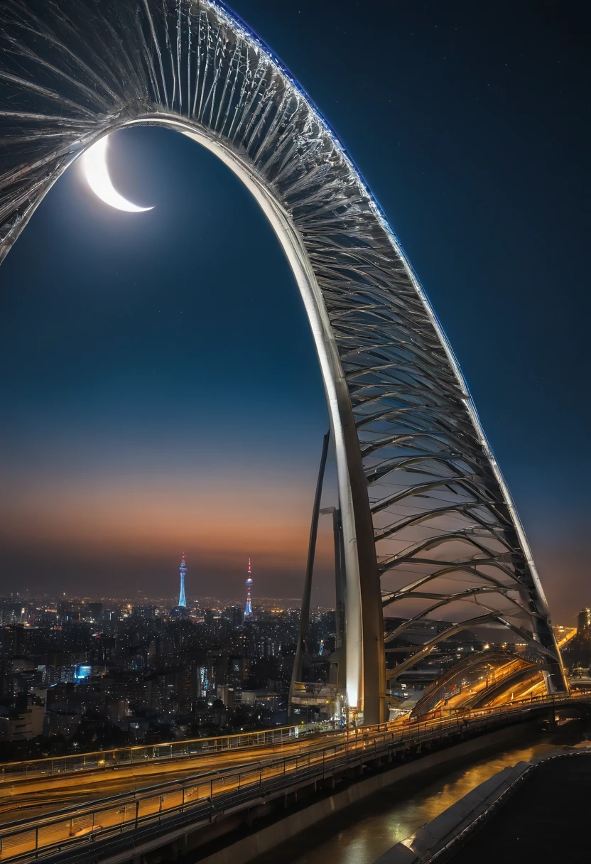 Giant crescent moon、high-level image quality、raw、Standing at Tokyo Skytree、20-year-old woman、nighttime scene、Milky Way Galaxy、Andromeda Nebula、tokyo streets、Flowing Lines of Light、Metropolitan Expressway Junction、fort、Rainbow Bridge、Approaching Planets
