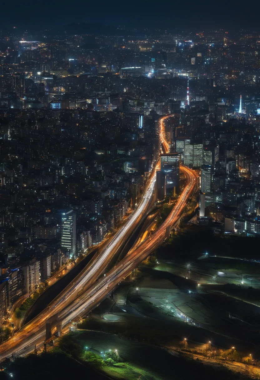 Giant crescent moon、high-level image quality、raw、Standing at Tokyo Skytree、20-year-old woman、nighttime scene、Milky Way Galaxy、Andromeda Nebula、tokyo streets、Flowing Lines of Light、Metropolitan Expressway Junction、fort、Rainbow Bridge、Approaching Planets