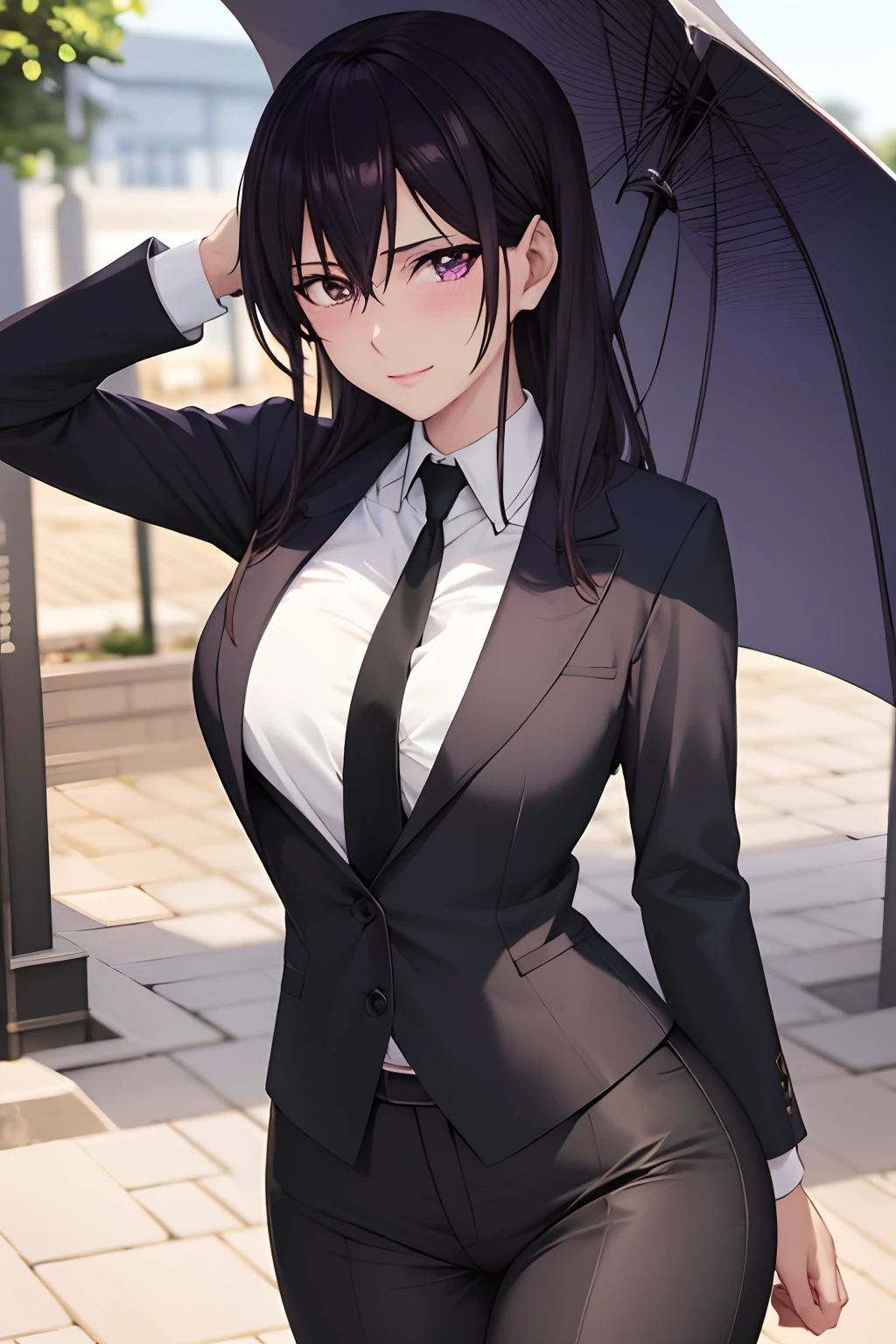 masterpiece, (best quality), 1woman,1girl ,aihara_mei,    long hair, black hair,   purple eyes , open tailcoat butler, tight pants , blue necktie, shirt, badass, medium breasts,,sexy woman,  smile, blush, vibrant colors ,,natural lighting  ,RTX,  , beautiful, (detailed face:1.2), showcase, (perfect eyes:1.1) ,(photorealistic:1.1), 8k uhd,  looking at viewer,  outdoors,  simple backround, wallpaper