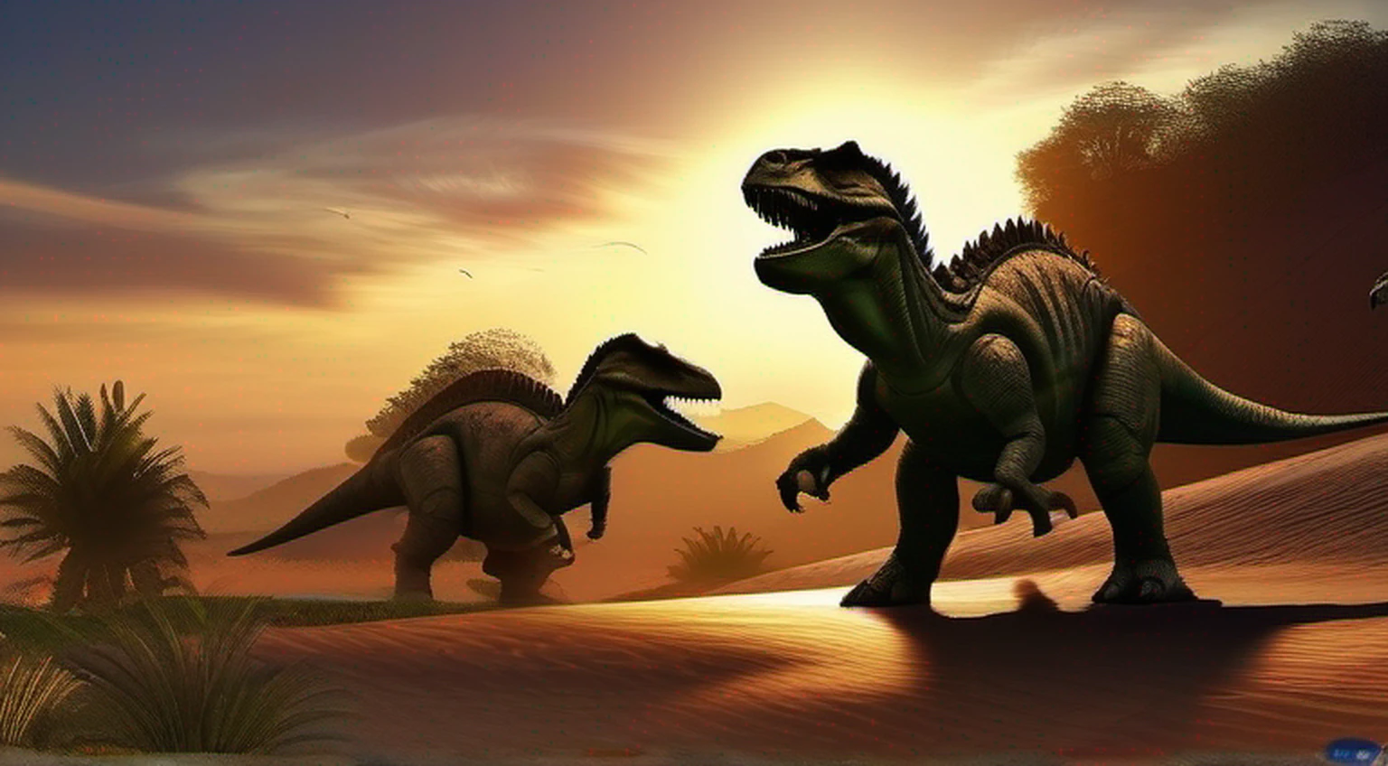 Dinosaurs hunting in packs, Prehistoric landscape, margem de rio, por do sol.