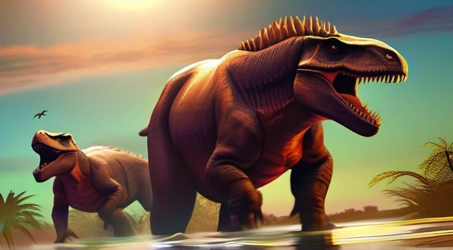 (best quality, masterpiece) a creature with combination of rhino and t-rex, the legs are look like t-rex, grass floor, birds in sky, blue sky, landscape