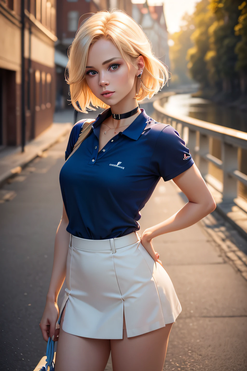 (a detailed portrait photo of a gorgeous beautiful ((Finnish)) 23 years old blue eyed blonde standing on a bridge, leaning on the edge, back-shot, SHORT hair, revealing skirt red, blue polo shirt, realistic, solo, looking in camera, (masterpiece),(photorealistic:1.3), ultra-detailed, (high detailed skin:1.2),(best quality:1.0), (ultra highres:1.0), fit, back light, GOLDEN HOUR, petite, slim, choker, beautiful