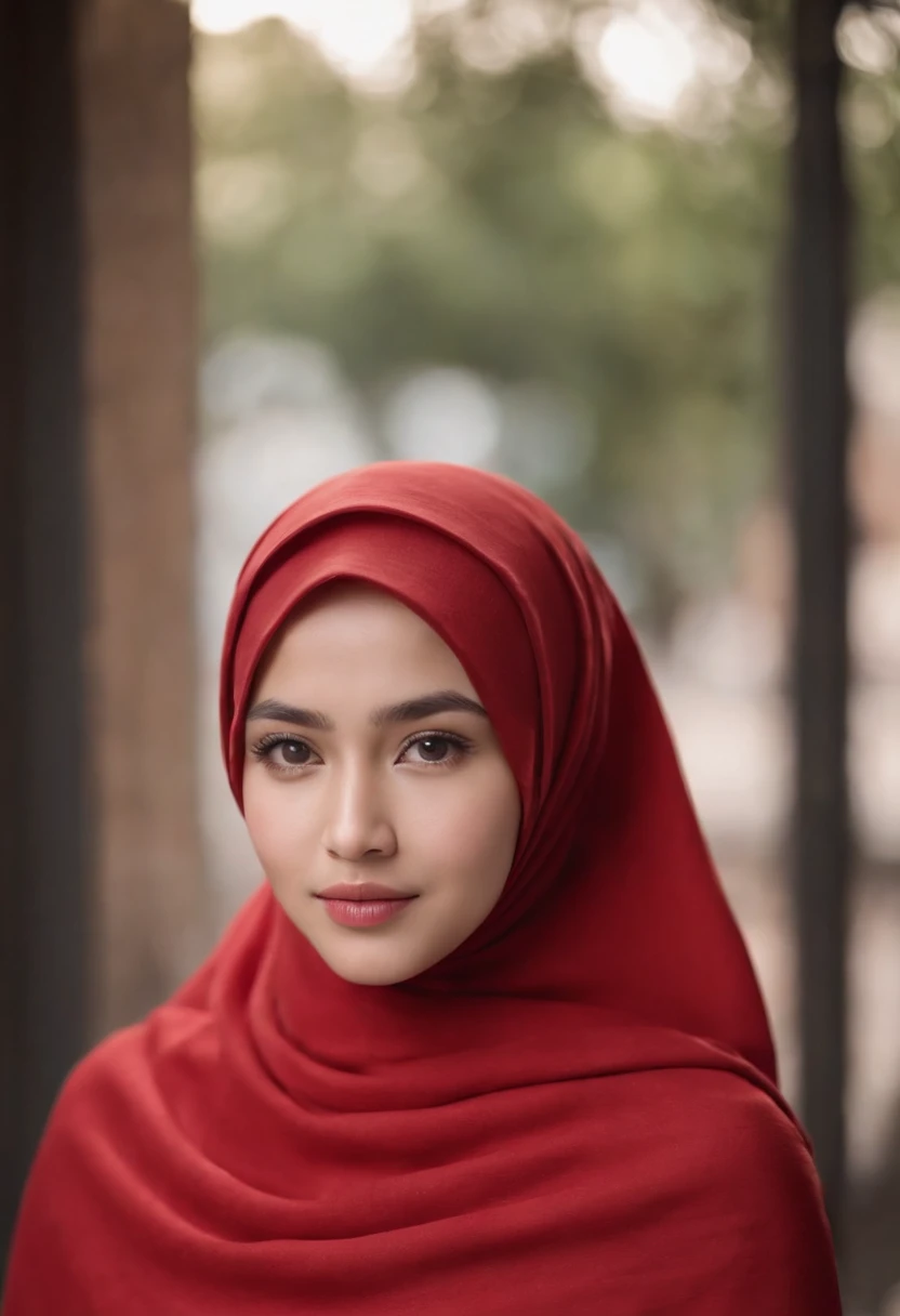 Photo portrait of a beautiful Bandung girl wearing a hijab and dimples, around , (plain red hijab), (portrait medium shot:1.3), dramatic light, Rembrandt lighting scheme, (hyperrealism:1.2), (8K UHD: 1.2), ( photorealistic:1.2), shot with Canon EOS 5D Mark IV, facial detail, skin texture detail. standing in street , age 13 years, different backgrounds, don't show grown chest