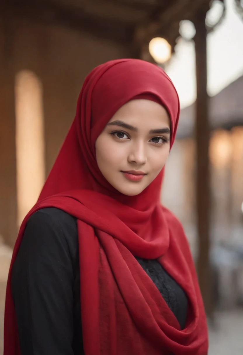 Photo portrait of a beautiful Bandung girl wearing a hijab and dimples, around 17 years old, (plain red hijab), (portrait medium shot:1.3), dramatic light, Rembrandt lighting scheme, (hyperrealism:1.2), (8K UHD: 1.2), ( photorealistic:1.2), shot with Canon EOS 5D Mark IV, facial detail, skin texture detail. standing in street , age 13 years, full image, different backgrounds, don't show grown chest