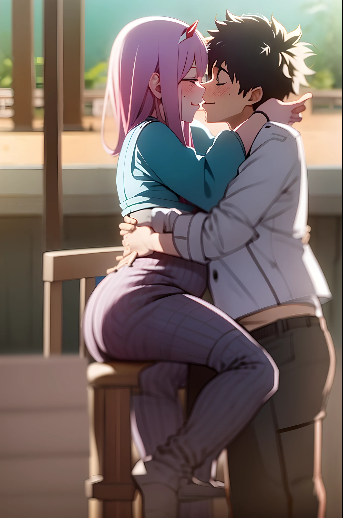 zero two, 1girl, zero two naked_shirt,vest_print:, izuku from bnha, izuku and zero two being a lovey dovey couple very affective in a beach, izuku with pants and pullover, love , happy, ,1girl,, ,sitting, standing, french kiss, kissing, 1boy, couple, husband and wife, happy, hug, pregnant zero two, chair, zero two pregnant