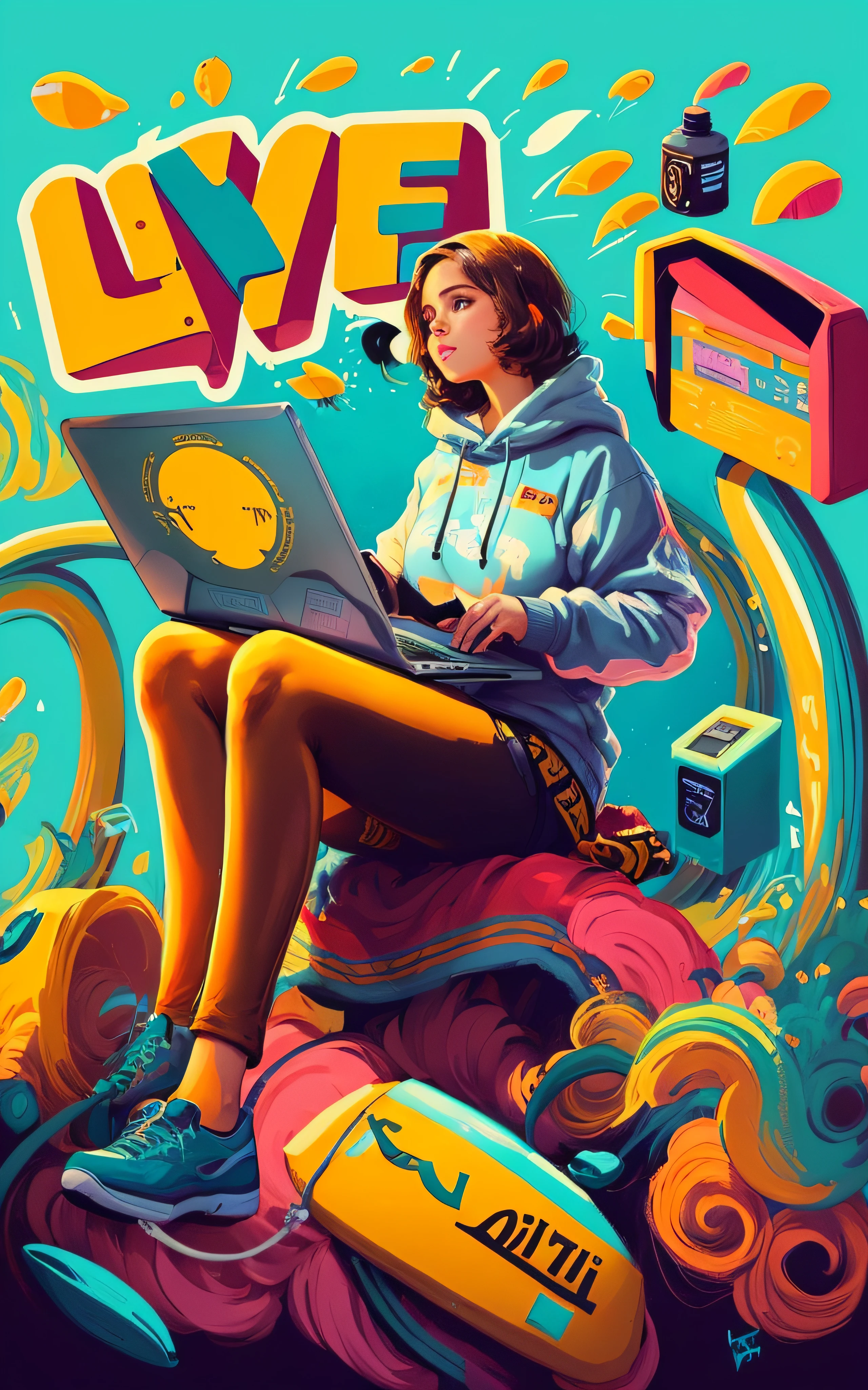 uma mulher sentada em uma pilha de lixo com um laptop, baixo detalhamento. pintura digital, Jen Bartel, editorial illustration colorful, full-colour illustration, in illustration style digital, full-colour illustration, inspirado em Cyril Rolando, No estilo de Cyril Rolando, illustration style, poster illustration, Procreate Illustration, inspirado em NEVERCREW, lo-fi illustration style, estilo de arte digital