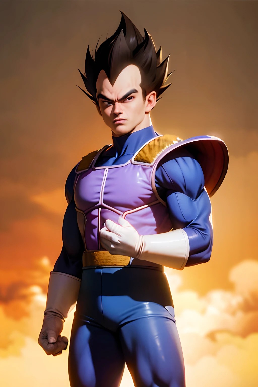 (masterpiece, best quality: 1.2), fighting pose, bruised, solo, male focus, muscular, strong, 1boy, vegeta, brave, looking at the viewer, black hair spiked, black eyes, armor, white gloves