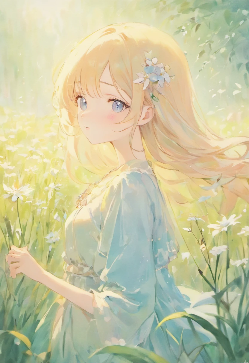 a girl in a soft, pastel-colored meadow, surrounded by gentle flowers and grass, with a soft breeze blowing through her hair and dress. She has soft, delicate features with porcelain skin, beautiful detailed eyes, and soft, pink lips. The scene is filled with a soft, warm morning sunlight, giving a dreamy and tranquil atmosphere. The artwork is created with a soft, watercolor medium, giving it a soft and ethereal touch. The details are ultra-detailed and realistic, capturing every delicate petal and blade of grass. The colors are soft, pastel, and light, creating a soothing and serene ambiance. The lighting is soft and diffused, casting a gentle glow on the surroundings. The overall image is of the best quality, with high resolution and extreme attention to detail, making it a masterpiece.