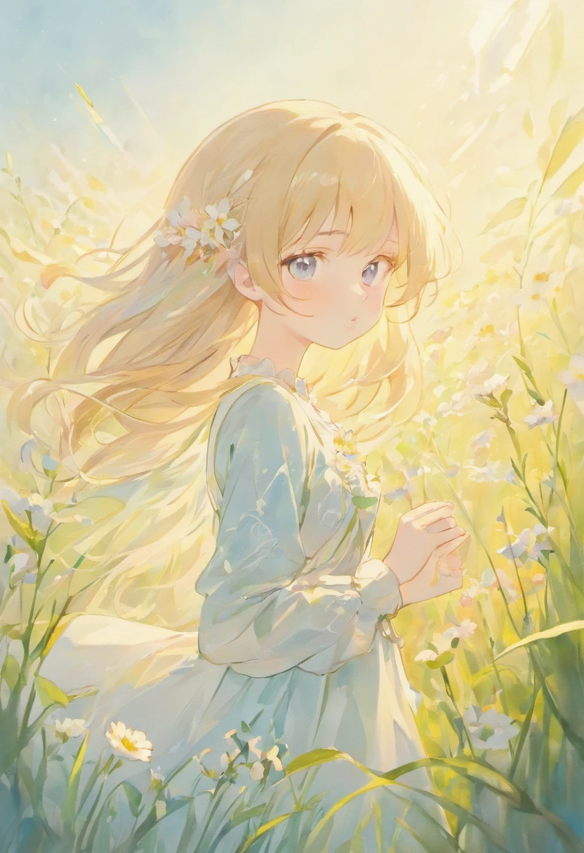 a girl in a soft, pastel-colored meadow, surrounded by gentle flowers and grass, with a soft breeze blowing through her hair and dress. She has soft, delicate features with porcelain skin, beautiful detailed eyes, and soft, pink lips. The scene is filled with a soft, warm morning sunlight, giving a dreamy and tranquil atmosphere. The artwork is created with a soft, watercolor medium, giving it a soft and ethereal touch. The details are ultra-detailed and realistic, capturing every delicate petal and blade of grass. The colors are soft, pastel, and light, creating a soothing and serene ambiance. The lighting is soft and diffused, casting a gentle glow on the surroundings. The overall image is of the best quality, with high resolution and extreme attention to detail, making it a masterpiece.