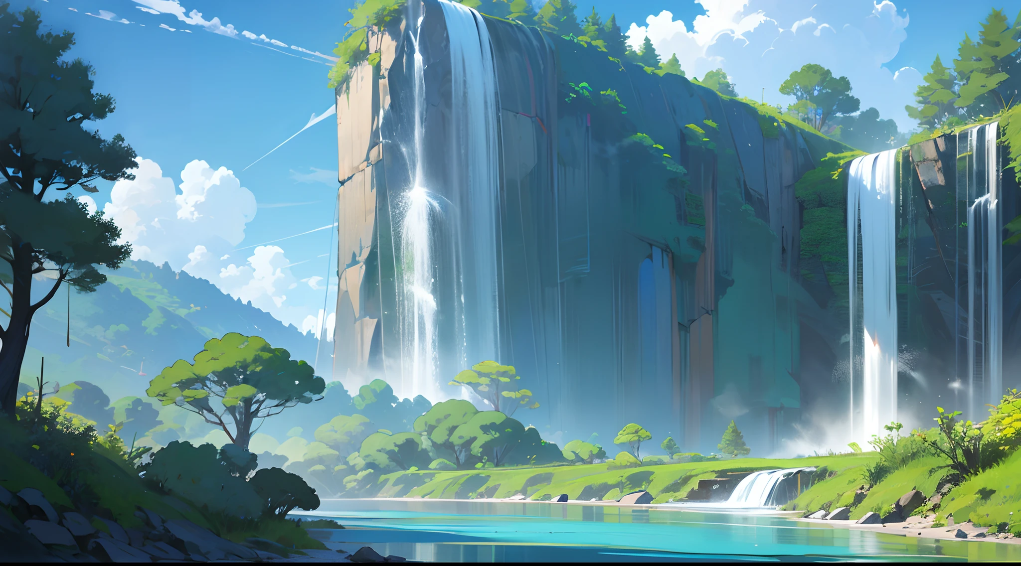 concept-art, No Man, scenery, Eau, sky, day, the woods, Cloud, waterfallr, Outdoors, Building, Nature, River, Blue sky