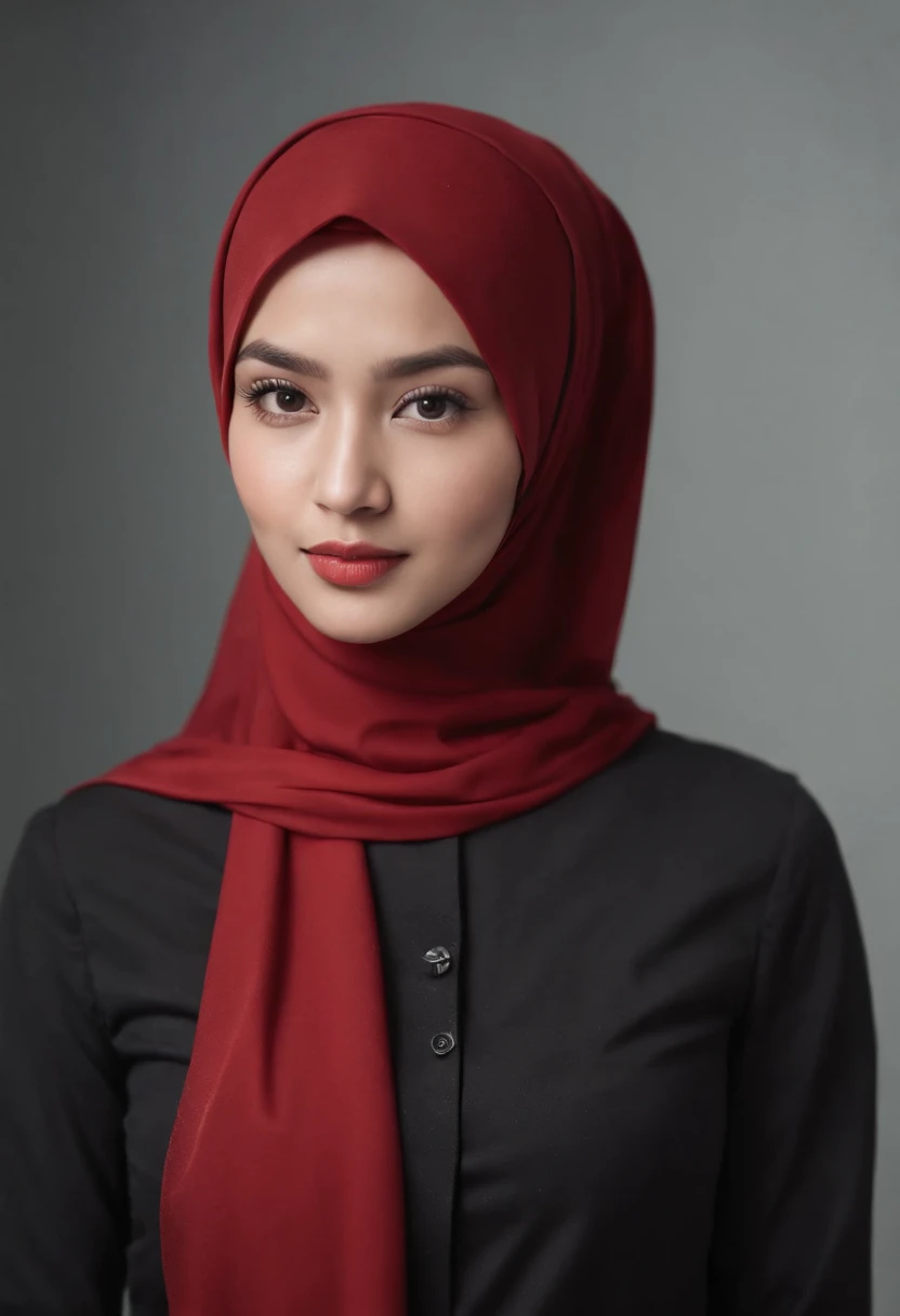 Photo portrait of a beautiful Bandung girl wearing a hijab and dimples, around 17 years old, (plain red hijab), (portrait medium shot:1.3), dramatic light, Rembrandt lighting scheme, (hyperrealism:1.2), (8K UHD: 1.2), ( photorealistic:1.2), shot with Canon EOS 5D Mark IV, facial detail, skin texture detail. sitting and standing in office, different outft, change hijab color