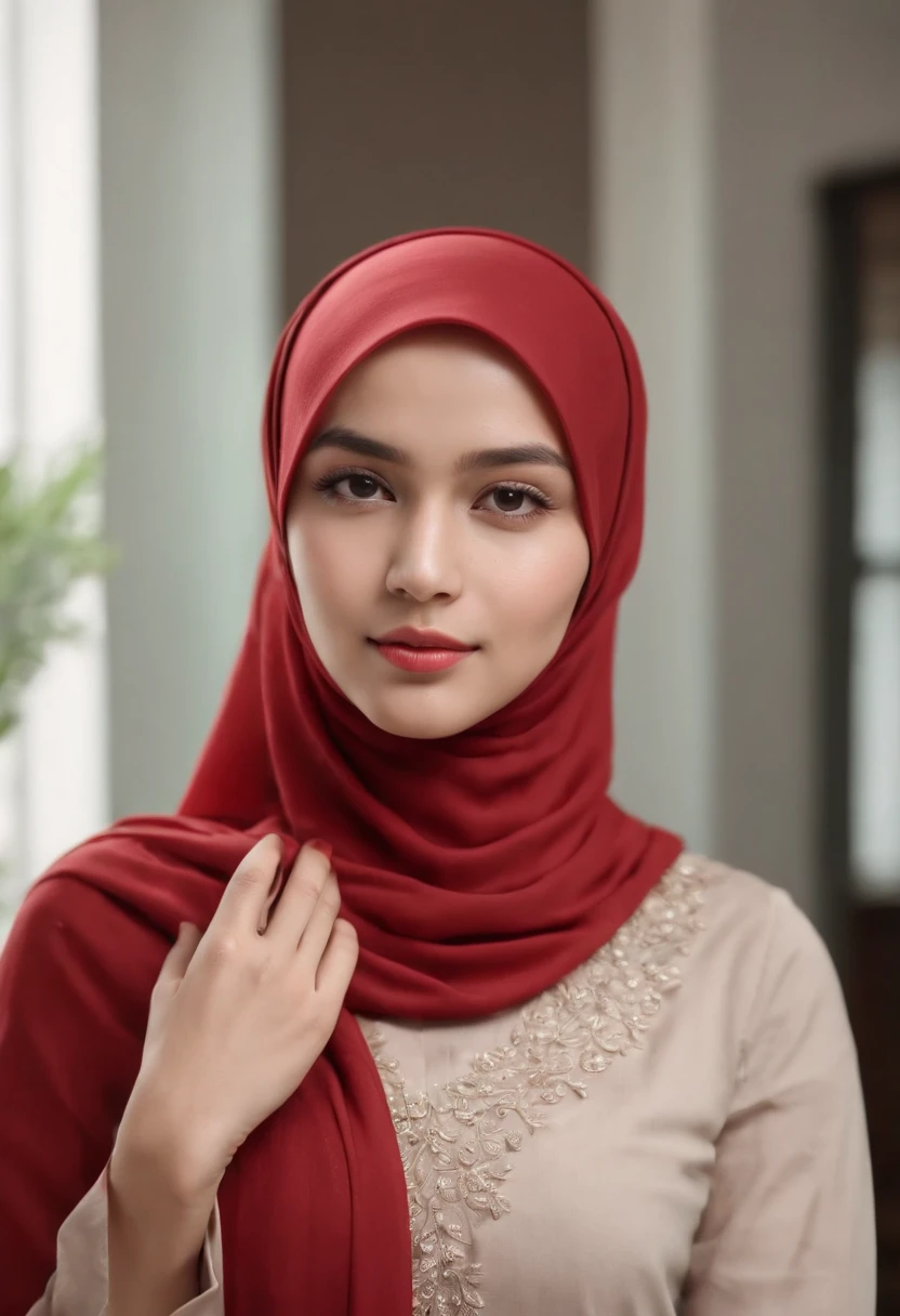 Photo portrait of a beautiful Bandung girl wearing a hijab and dimples, around , (plain red hijab), (portrait medium shot:1.3), dramatic light, Rembrandt lighting scheme, (hyperrealism:1.2), (8K UHD: 1.2), ( photorealistic:1.2), shot with Canon EOS 5D Mark IV, facial detail, skin texture detail. sitting and standing in office, different outft, change hijab color