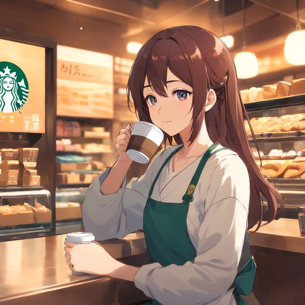 garota anime, Drinking coffee at Starbucks, qualidade 8k, cabelos longos, monstrando do tronco para cima, olhando para o copo, bebendo no canudinho