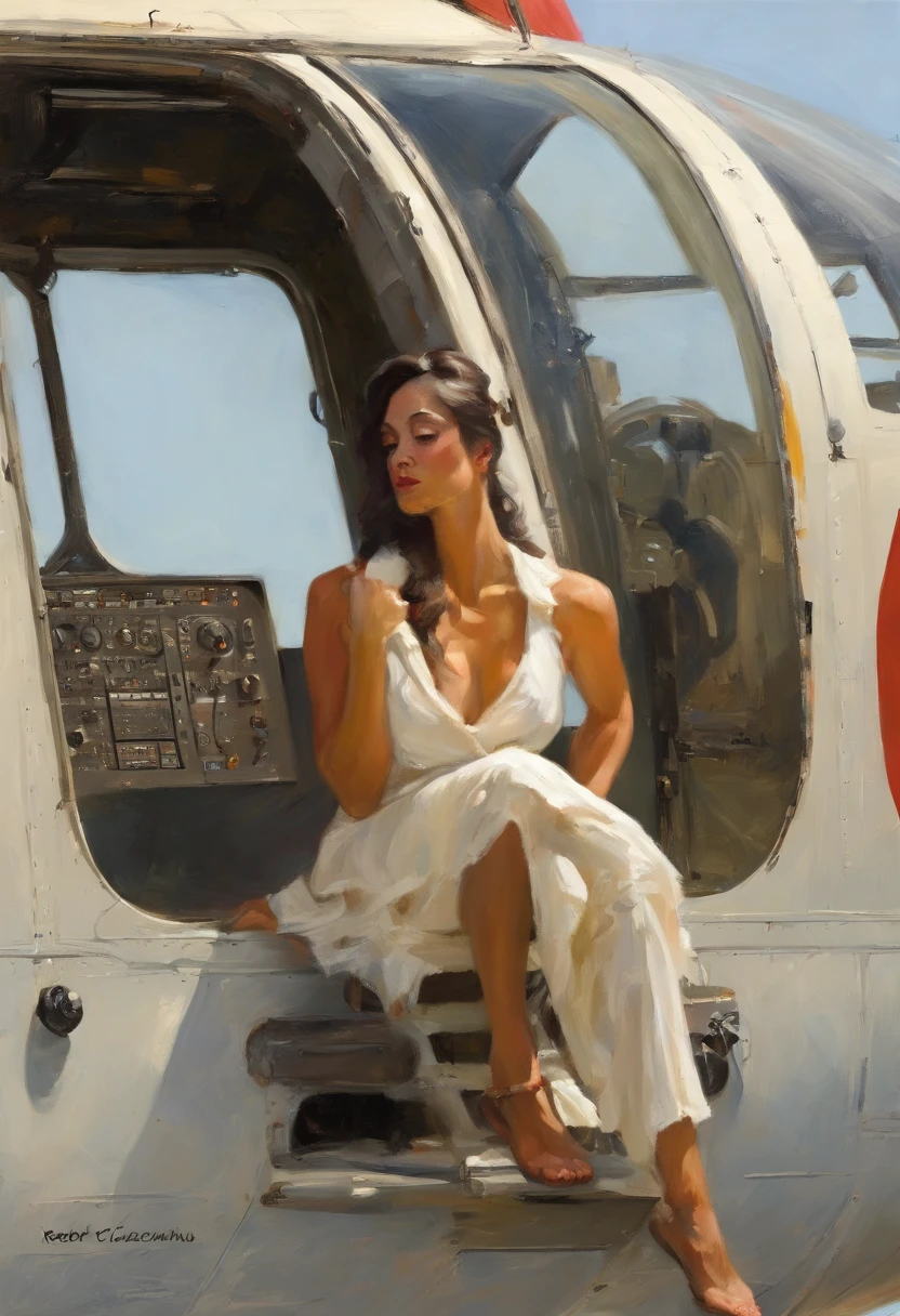 realistic painting ((((In the style of Robert McGinnis)))) a Japanese woman sitting in door of Hughes D-500 helicopter, Jason Stratham in the pilots door window, lots of detail, mixture, (white background:1.2) (digital art:1.3)
