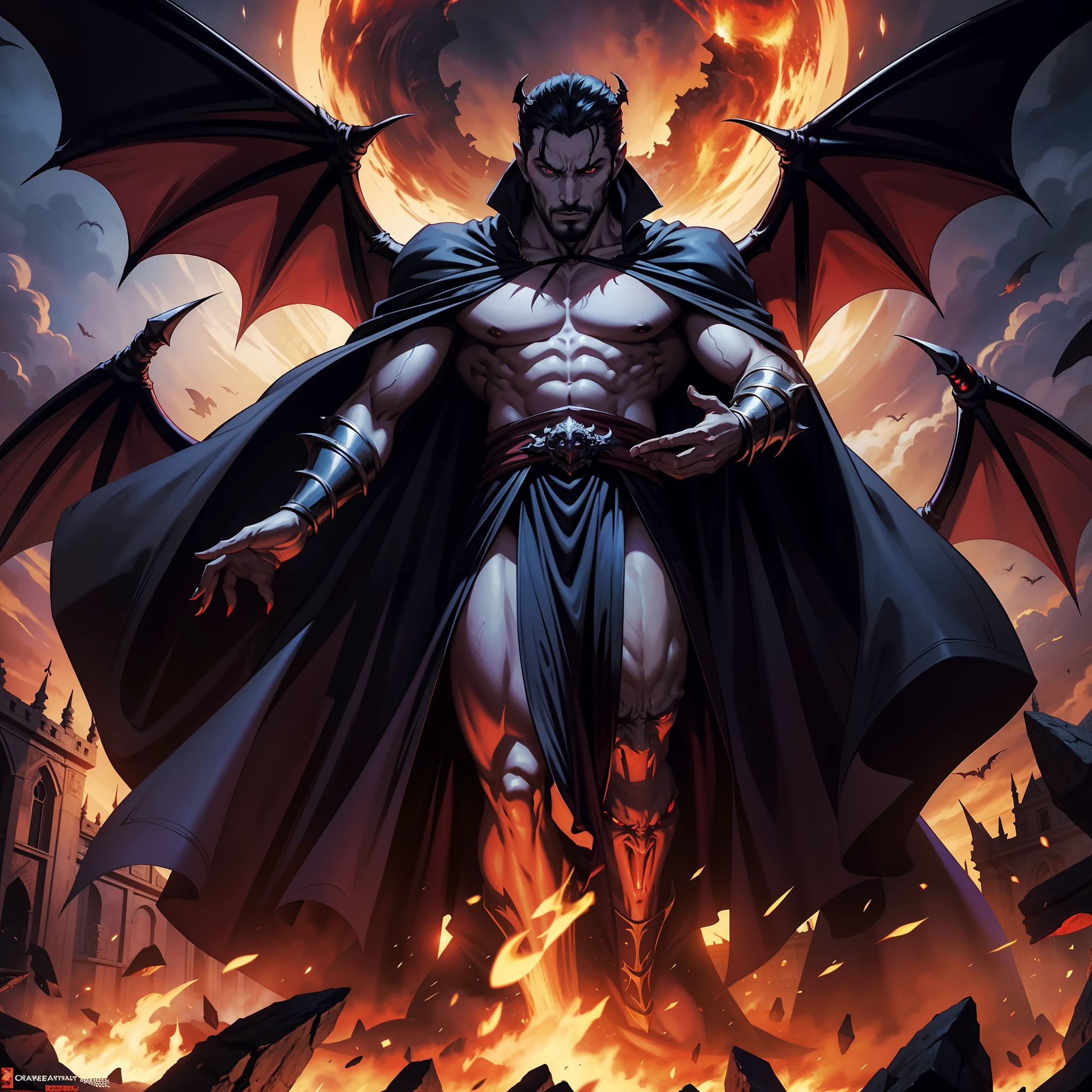 Groupe of demons surrounding great Legendary Lord Dracula hyper réaliste super detailed Dynamic shot master piece scene cinématique scènes movie Epic Legendary perspective