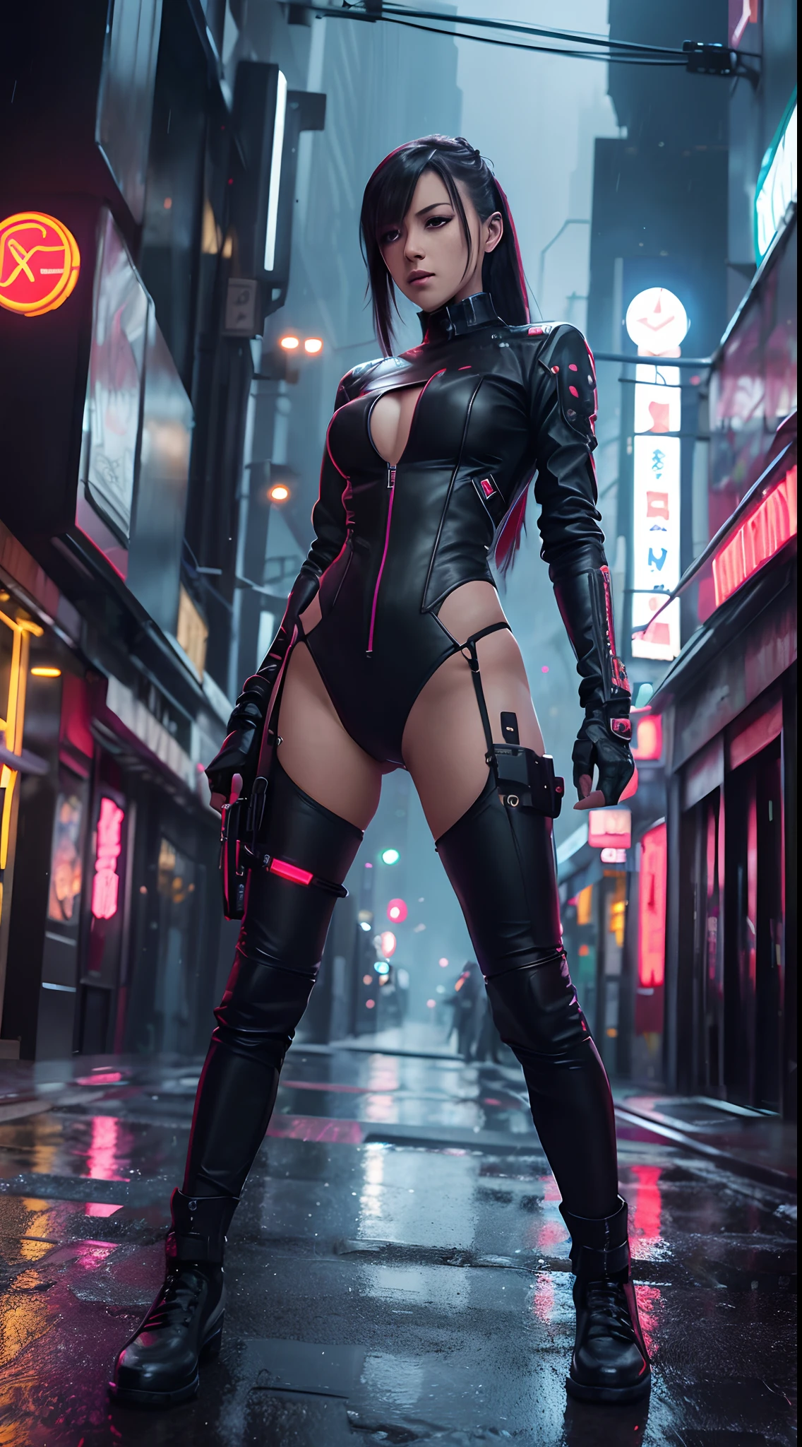 portrait,female,assassin,cyberpunk,dystopian,futuristic,sharp features,expressive eyes,red neon lighting,edgy hairstyle,mysterious aura,leather outfit,advanced technology,glowing cybernetic enhancements,powerful stance,smoke-filled background,grim expression,dangerous weapon,cityscape,street-level view,nighttime,high contrast,urban environment,technological implants,dark alleyway,neon signs,reflection in rain-soaked pavement,meticulous detailing,best quality,highres,photorealistic,concept art,vivid colors,dynamic pose,human-machine hybrid,cyberpunk fashion,enhanced senses