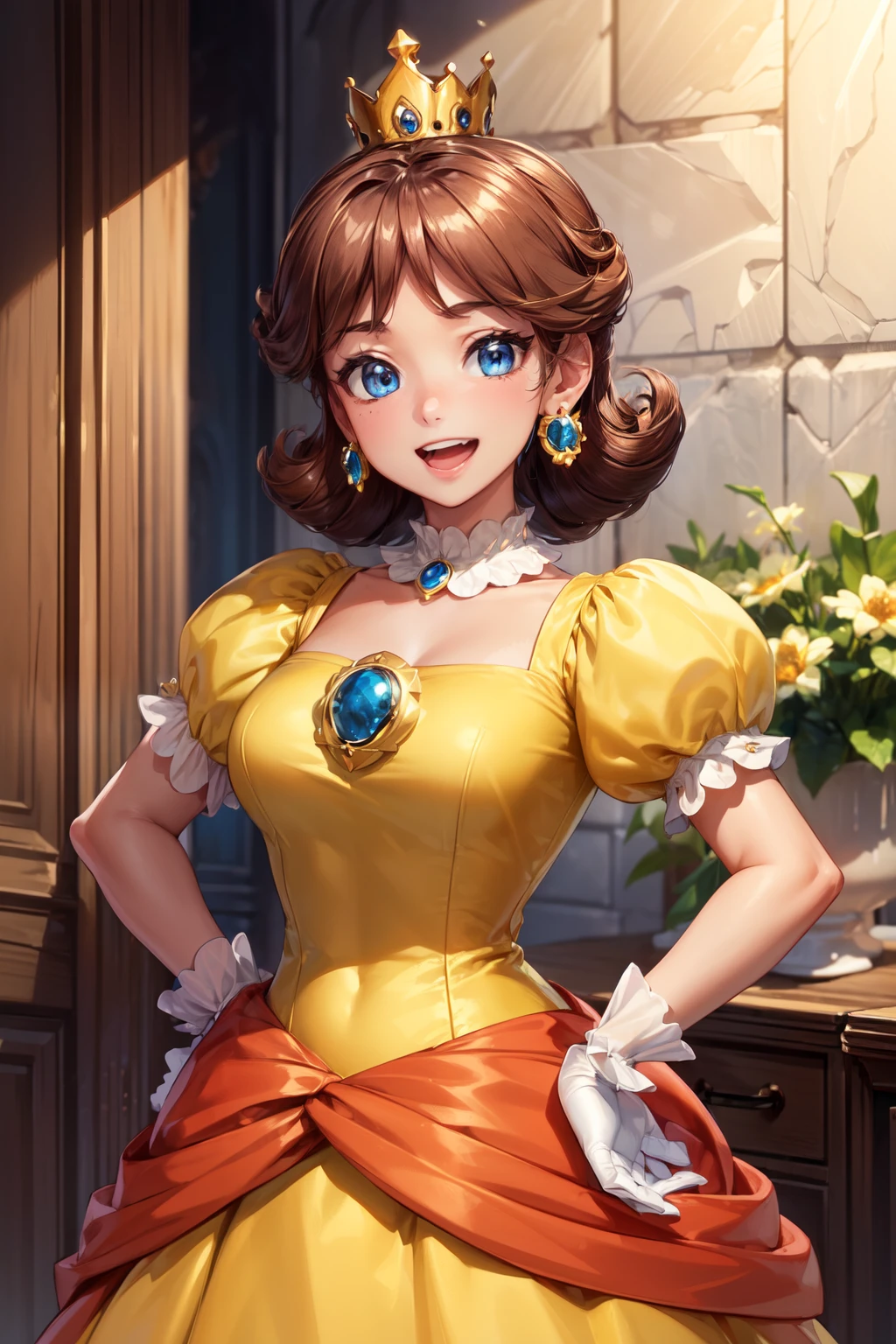 ((high detailed, best quality, 4k, masterpiece, hd:1.3)), dsy, blue eyes, yellow dress, brooch, puffy sleeves, short sleeves, smile, open mouth, energetic, joyful, smooth skin, gloves, earrings, crown, dark tan skin, upper body, close-up, hands on hips