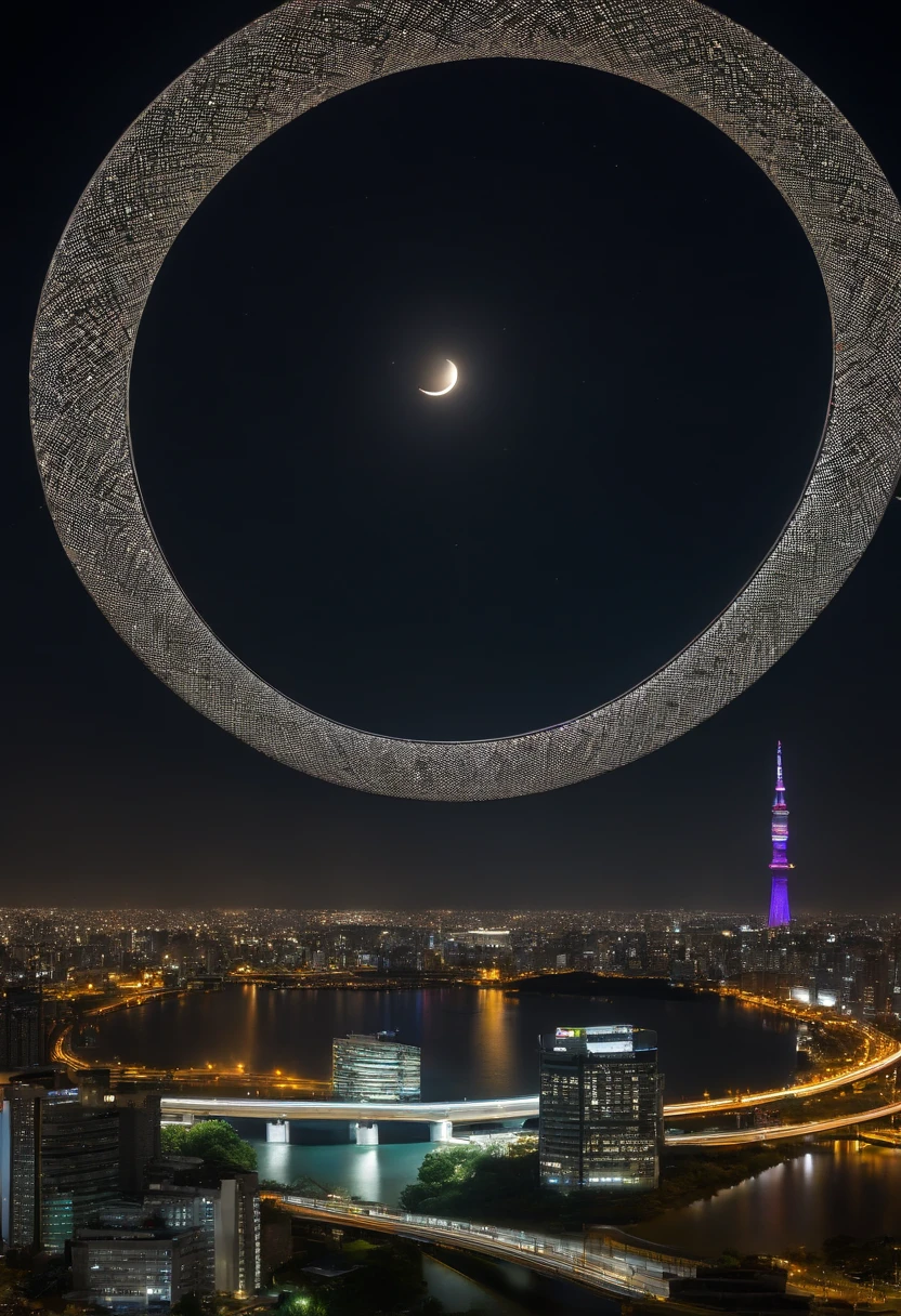 Giant crescent moon、high-level image quality、raw、Standing at Tokyo Skytree、20-year-old woman、nighttime scene、Milky Way Galaxy、Andromeda Nebula、tokyo streets、Flowing Lines of Light、Metropolitan Expressway Junction、(((Hakozaki Junction)))、Rainbow Bridge、Planetary approach