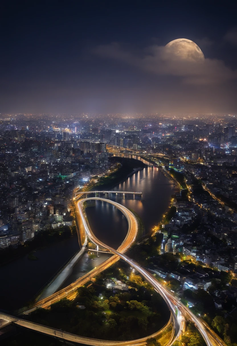 Giant crescent moon、high-level image quality、raw、Standing at Tokyo Skytree、20-year-old woman、nighttime scene、Milky Way Galaxy、Andromeda Nebula、tokyo streets、Flowing Lines of Light、Metropolitan Expressway Junction、(((Hakozaki Junction)))、Rainbow Bridge、Planetary approach