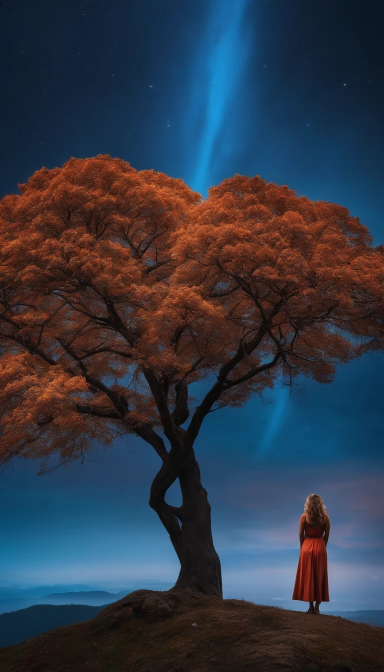 Uma mulher, cabelos loiros, com um casaco azul senta-se em um penhasco,A tree at the back looks out over the beautiful shimmering colorful sky