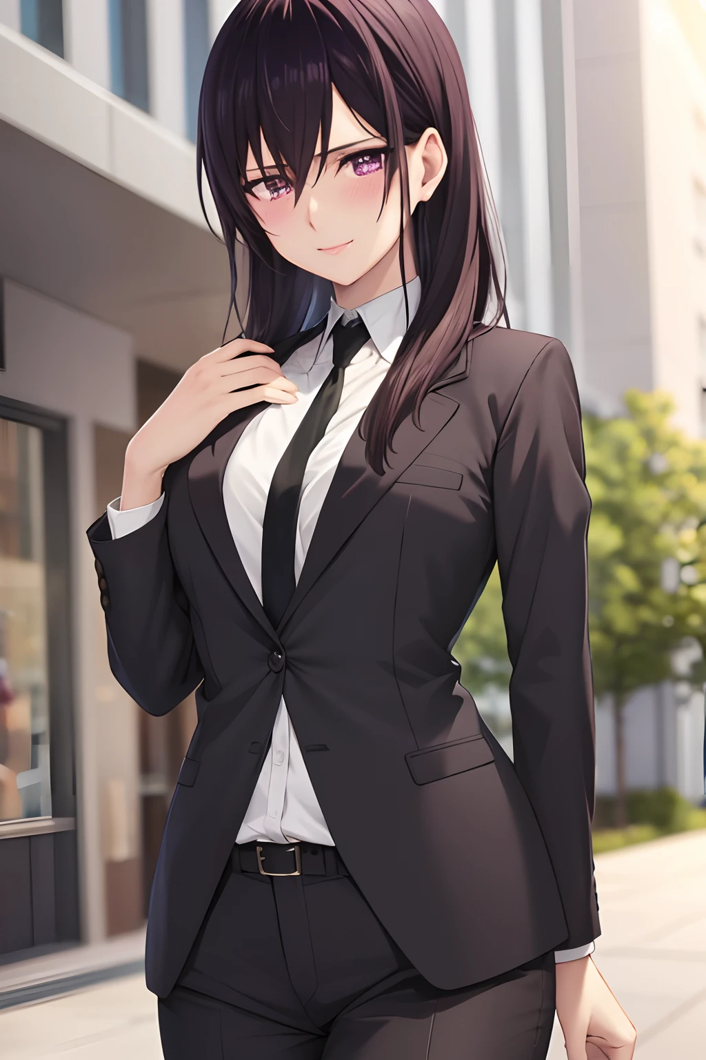 masterpiece, (best quality), 1woman,1girl ,aihara_mei,    long hair, black hair,   purple eyes , open tailcoat butler, tight pants , blue necktie, shirt, badass, medium breasts,,sexy woman,  smile, blush, vibrant colors ,,natural lighting  ,RTX,  , beautiful, (detailed face:1.2), showcase, (perfect eyes:1.1) ,(photorealistic:1.1), 8k uhd,  looking at viewer,  outdoors,  simple backround, wallpaper, Waltz dance