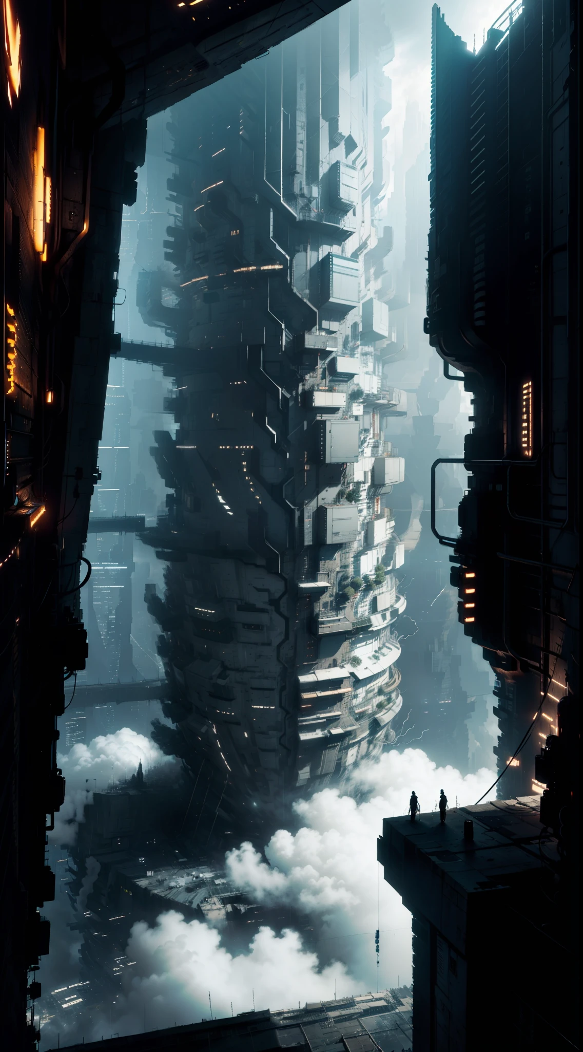 arafed view of inside of a giant megastructure, landscape of a future city, beeple rendering, cyberpunk city, very detailed, cinematic lighting.