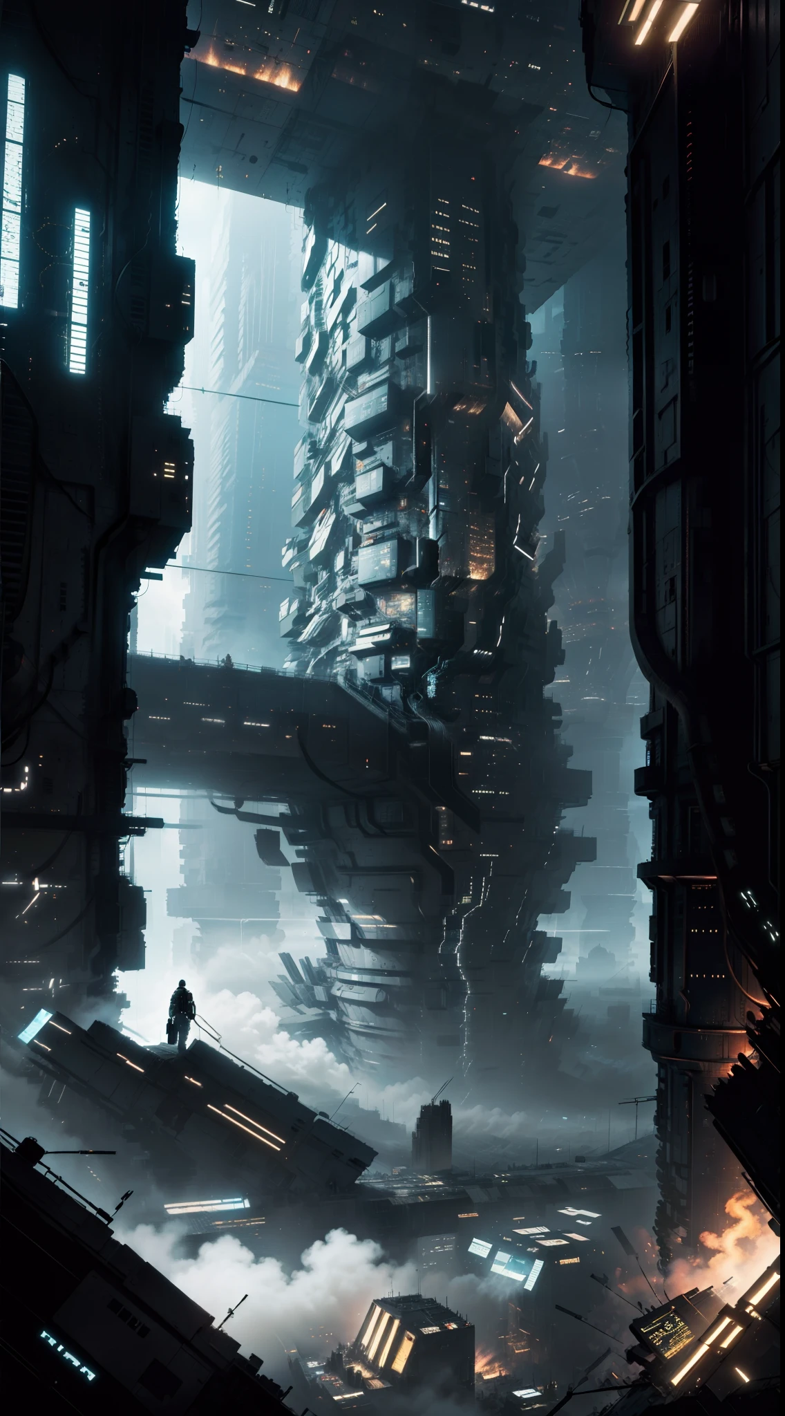 arafed view of inside of a giant megastructure, landscape of a future city, beeple rendering, cyberpunk city, very detailed, cinematic lighting.