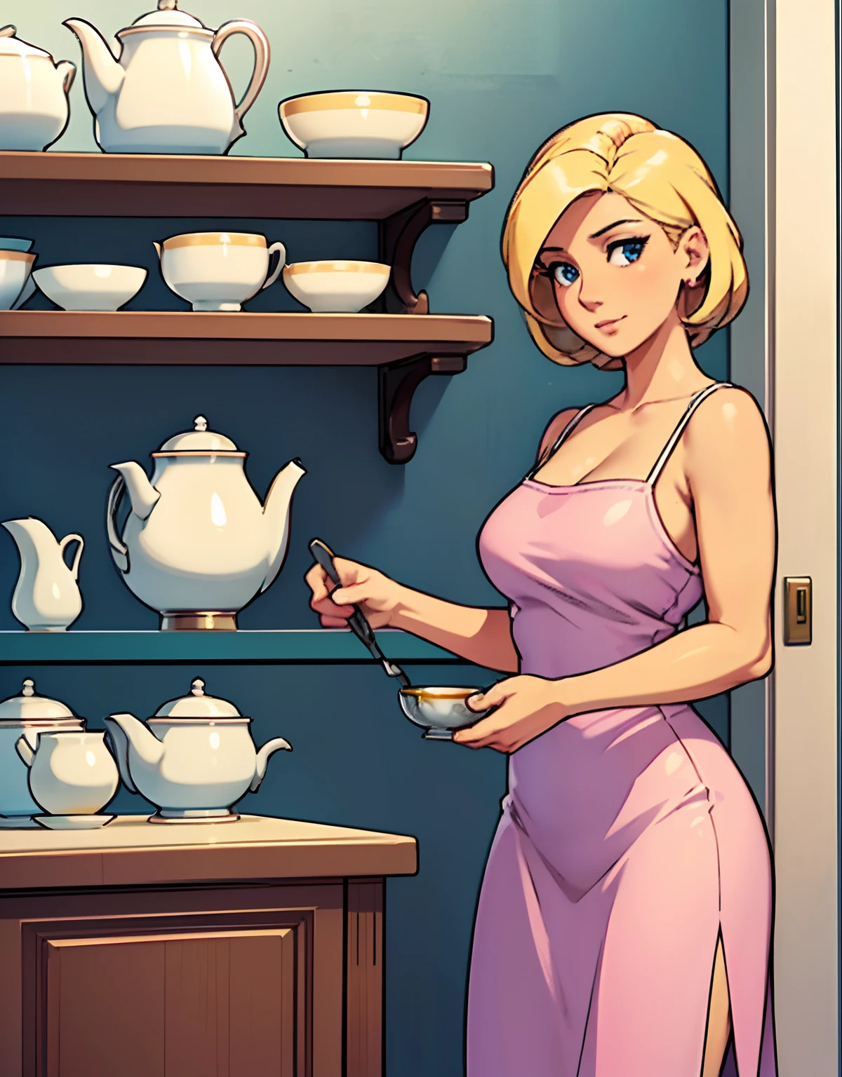 (robot housewife),(display case),(pink dress),(blonde hair),(blue eyes),(plastic skin),(best quality,4k,8k,highres,masterpiece:1.2),ultra-detailed,(realistic,photorealistic,photo-realistic:1.37),portraits,(vibrant colors,colorful:1.1),(soft lighting),(silverware),(spotless kitchen),(beautifully decorated room),(floral wallpaper),(sparkling clean),(freshly baked bread),(kitchen appliances),(polished countertops),(cooking utensils),(elegant surroundings),(big windows),(tidy and organized),(comfortable living space),(tastefully designed),(lush garden),(well-kept lawn),(bright and inviting),(cozy couch),(artificial plants),(stunning artwork),(dainty tea set),(delicate porcelain figurines),(glass showcase),(precious collectibles),(interesting artifacts),(showcasing treasures),(spotlight),(meticulously arranged),(enticing arrangement)