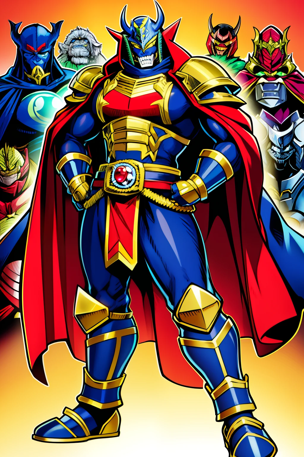 sentai villain, ogre, monster, metal hero, orc, ogre, clothed, armored, anthro, cape, standing, solo focus