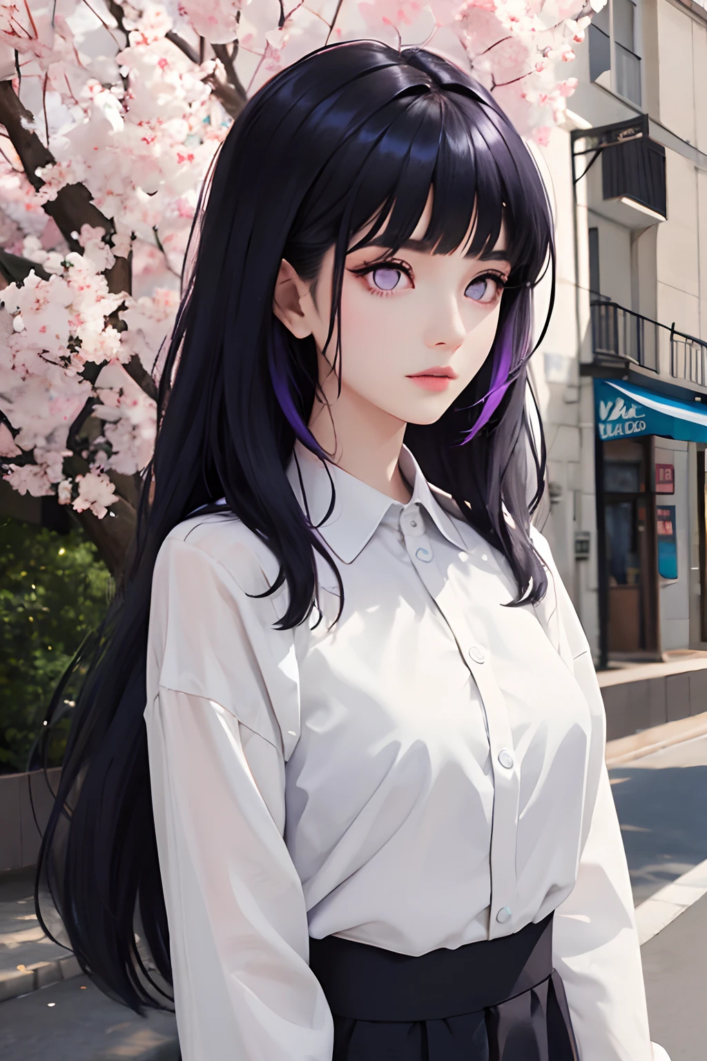 masterpiece, best quality, spring outfit, colorful hair, outdoor, Blunt Bangs, purple eyes, dark blue hair ,upper body,