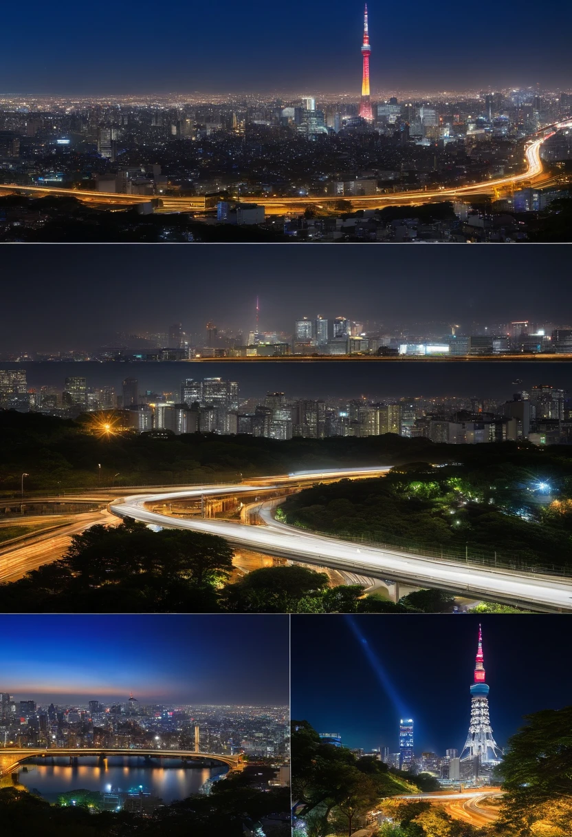Giant crescent moon、high-level image quality、raw、Standing at Tokyo Skytree、20-year-old woman、nighttime scene、Milky Way Galaxy、Andromeda Nebula、Meteor swarm、(((Looking up at the Tokyo skyline)))、Flowing Lines of Light、Metropolitan Expressway Junction、(((Looking up at Hakozaki Junction from below)))、Rainbow Bridge、Planetary approach
