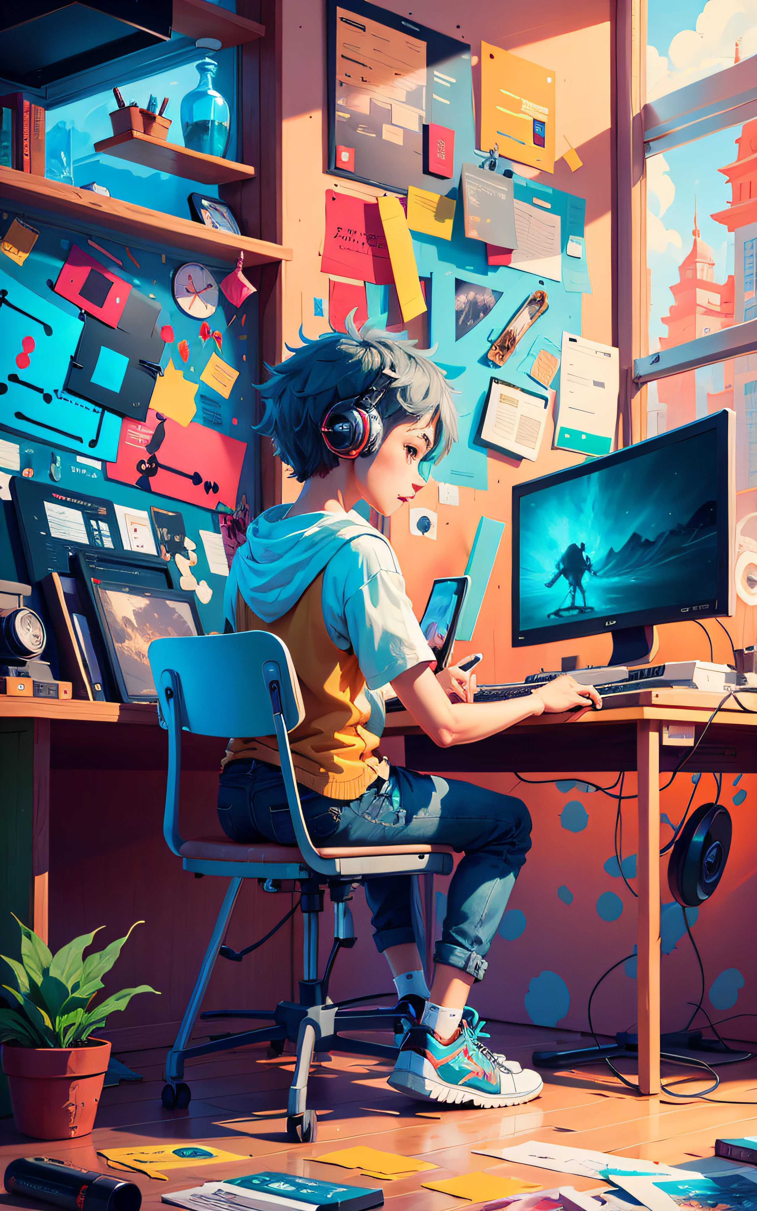 sentado em uma mesa com um computador e um monitor, Cyril Rolando e Goro Fujita, arte de jogos de computador, inspirado em Cyril Rolando, pintura digital colorida, estilo de arte digital, Elogio Artstyle, arte de pintura digital dos desenhos animados, Digital anime illustration, No estilo de Cyril Rolando, 2d digital illustration, arte digital. quadrinhos coloridos