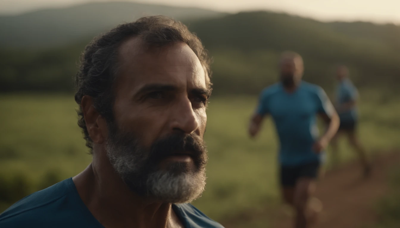 um homem hebreu, idade de 50 anos, barba grisalha, jogando sementes no campo