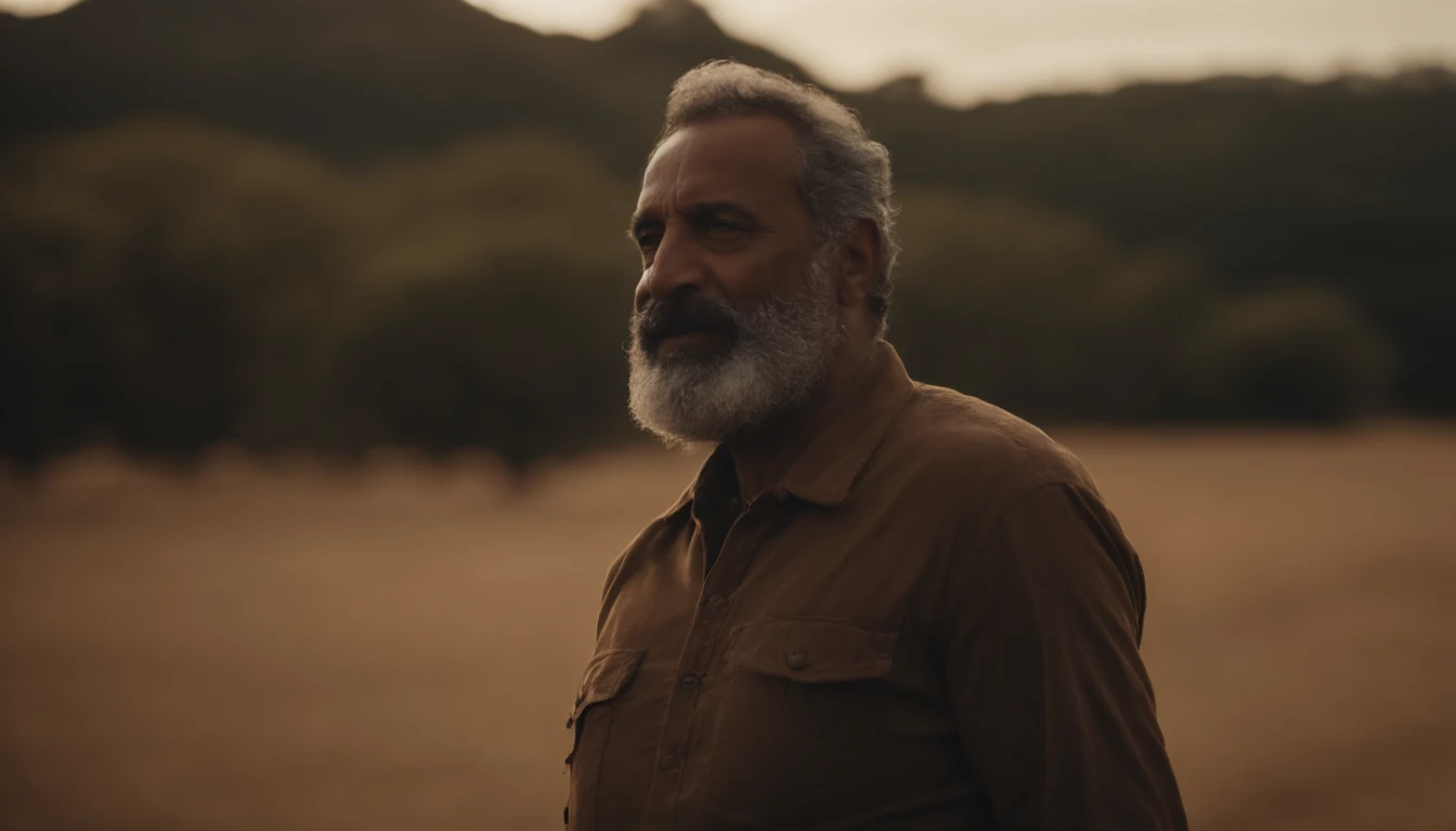 um homem hebreu, idade de 50 anos, barba grisalha, jogando sementes no campo