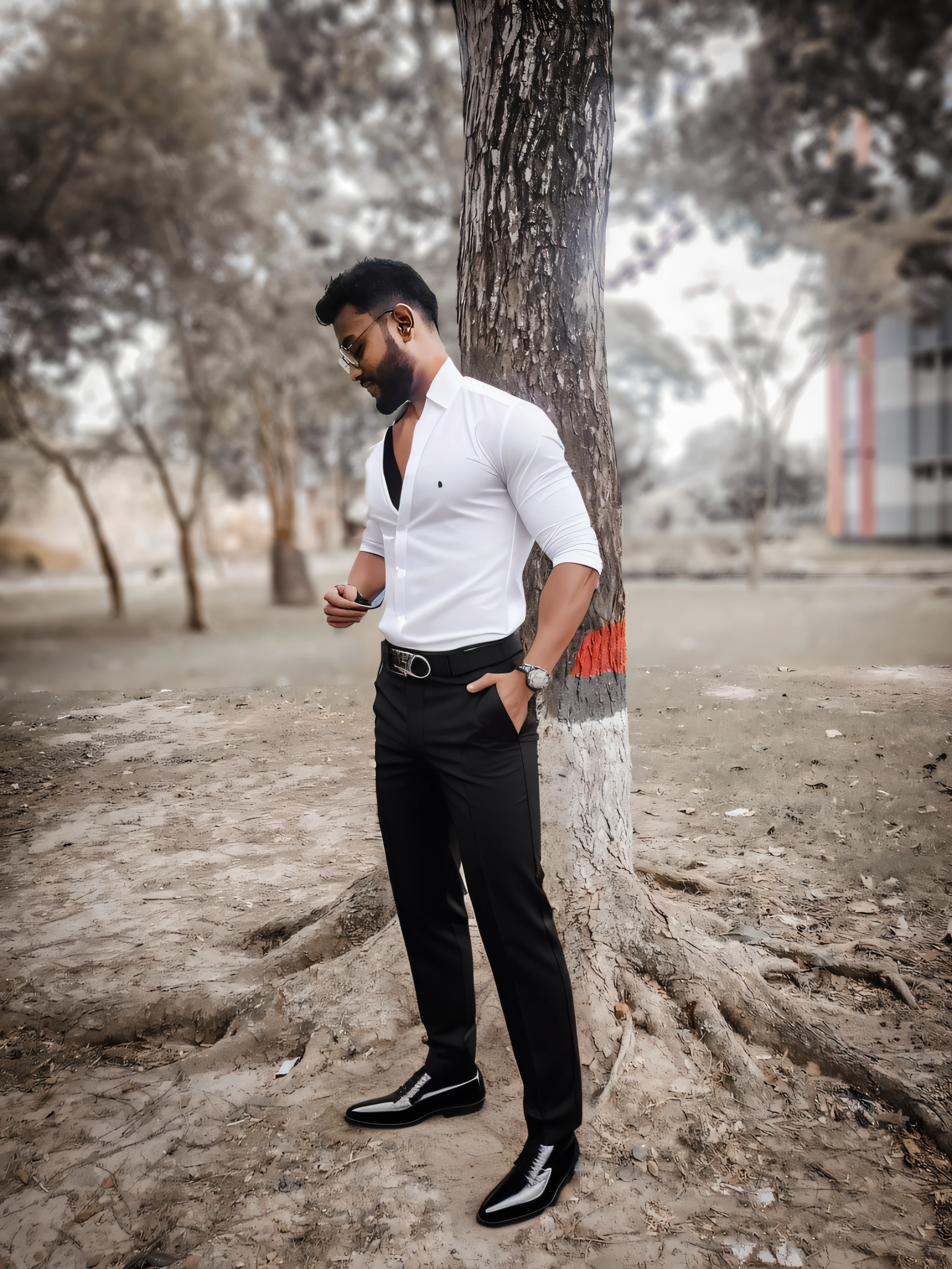 add a offiacial look , white shirt and black belt and black pant, handsome look, handsome figure