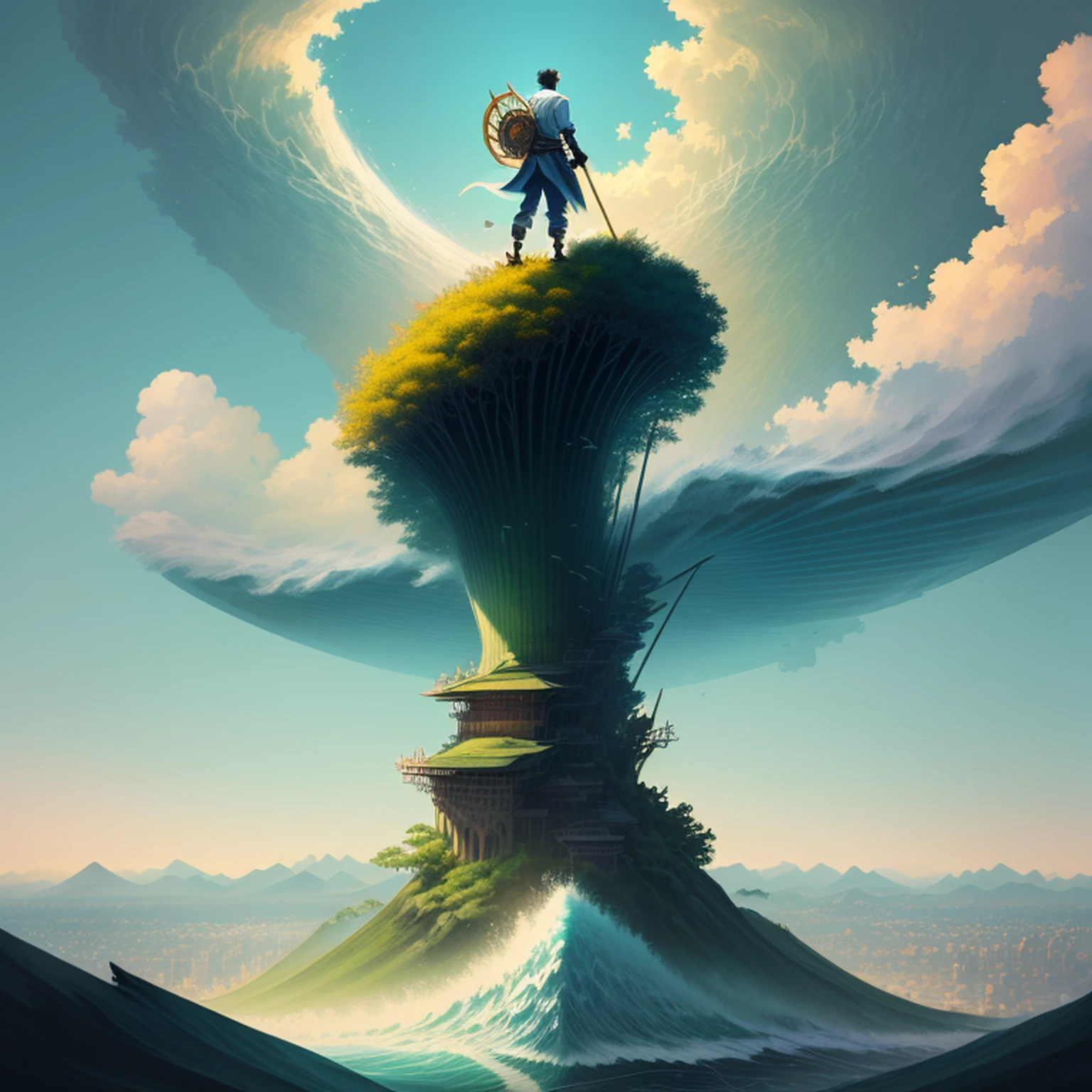 A man standing on a tsunami with a bamboo stick at his feet and looking out over the city in the distance, uma pintura detalhada de Ross Tran, Destaque no Pixiv, arte de fantasia, Arte Oficial, artstation hd |, anime aesthetic