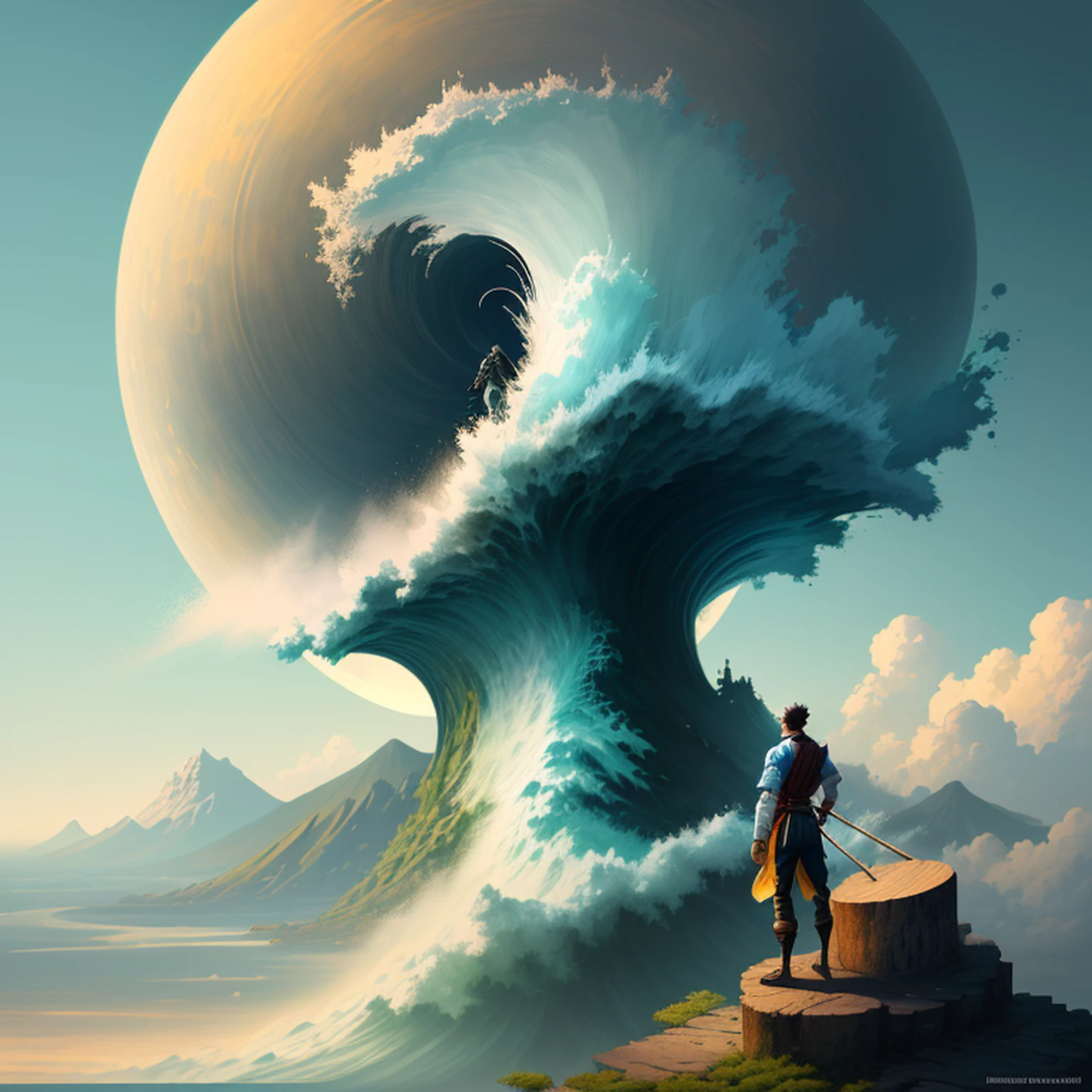 A man standing on a tsunami with a bamboo stick at his feet and looking out over the city in the distance, uma pintura detalhada de Ross Tran, Destaque no Pixiv, arte de fantasia, Arte Oficial, artstation hd |, anime aesthetic