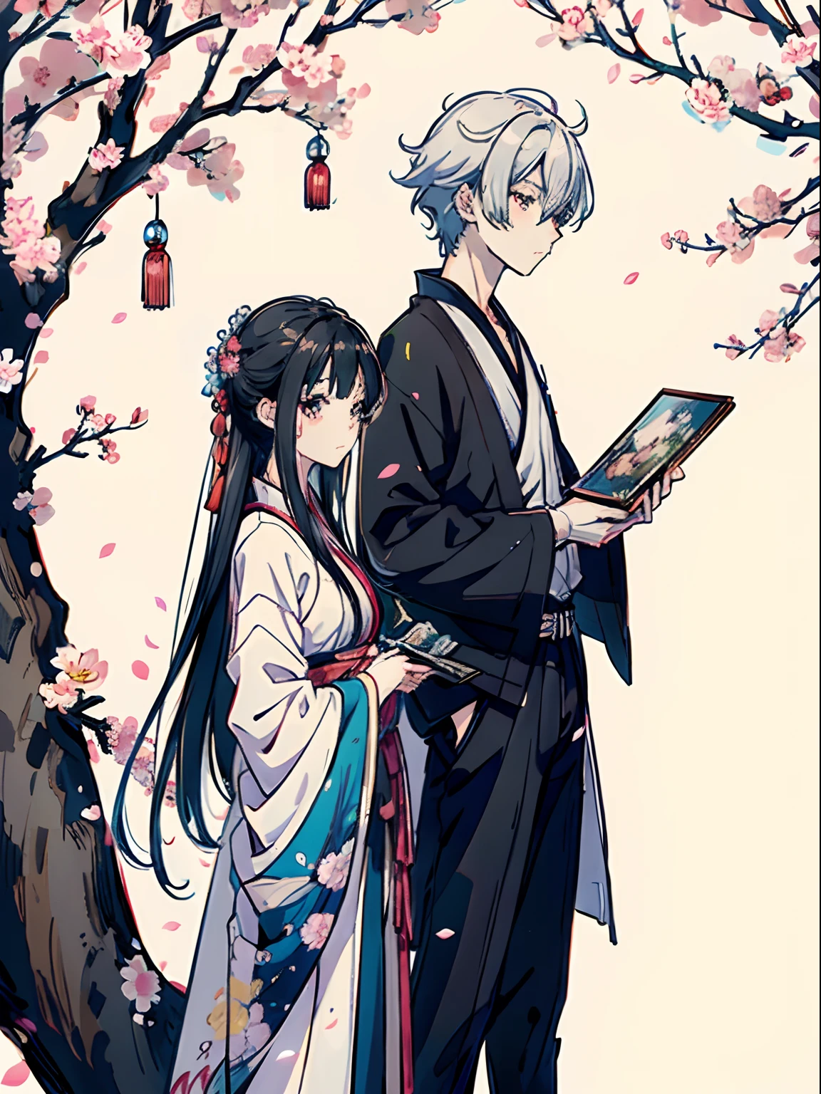 Anime couple on a tree with flowers and a mirror, painting by Kamisaki Secchi, pixiv, serial art, Sasura, zerochan art, art cover, anime cover, trending anime artwork, Trending anime art, anime style 4 k, Anime picture, zerochan, artwork in the style of guweiz, Natsume Yuujinchow