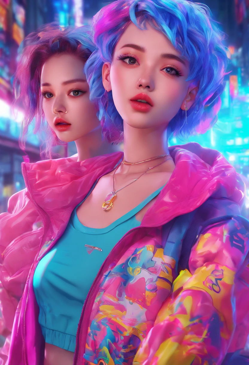 2 Girls with Blue Hair and, small tits in a City walking Si-fi, UHD, masterpiece, anatomically correct, ccurate, textured skin, super detail, high details, high quality, best quality, highres, 8k