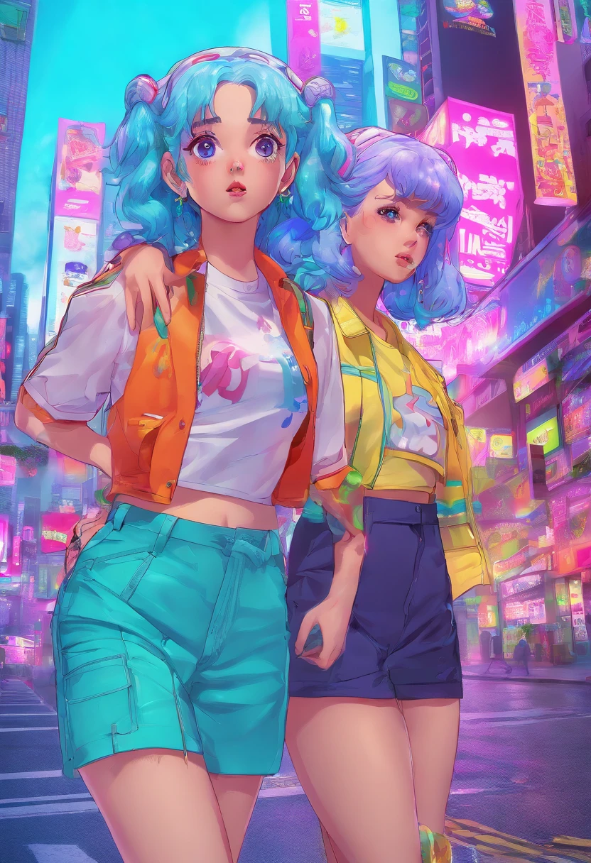 2 Girls  with Blue Hair and, small tits in  a City walking  Si-fi, UHD, masterpiece, anatomically correct, ccurate, textured skin, super detail, high details, high quality, best quality, highres, 8k