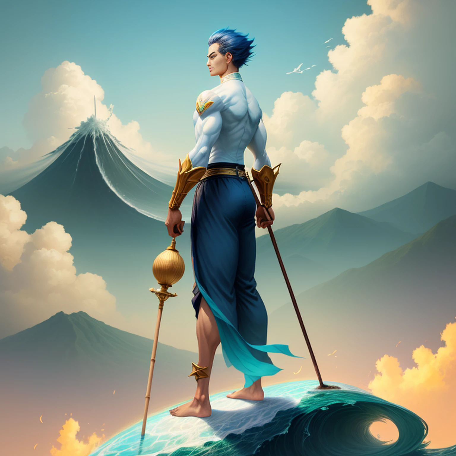 A man standing on a tsunami with a bamboo stick at his feet and looking out over the city in the distance, uma pintura detalhada de Ross Tran, Destaque no Pixiv, arte de fantasia, Arte Oficial, artstation hd |, anime aesthetic
