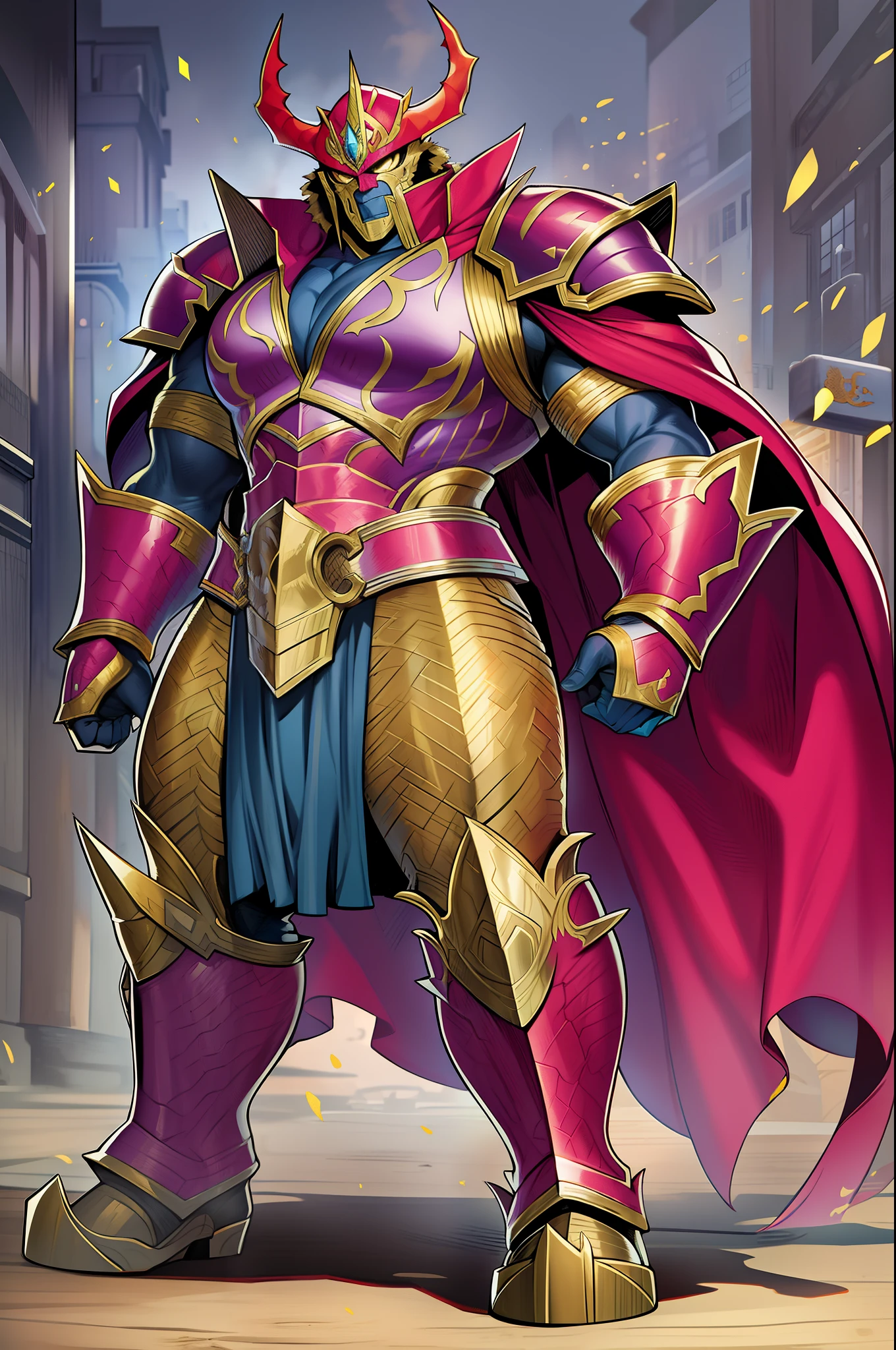 sentai villain, ogre, monster, metal hero, orc, ogre, clothed, armored, anthro, cape, standing, solo focus