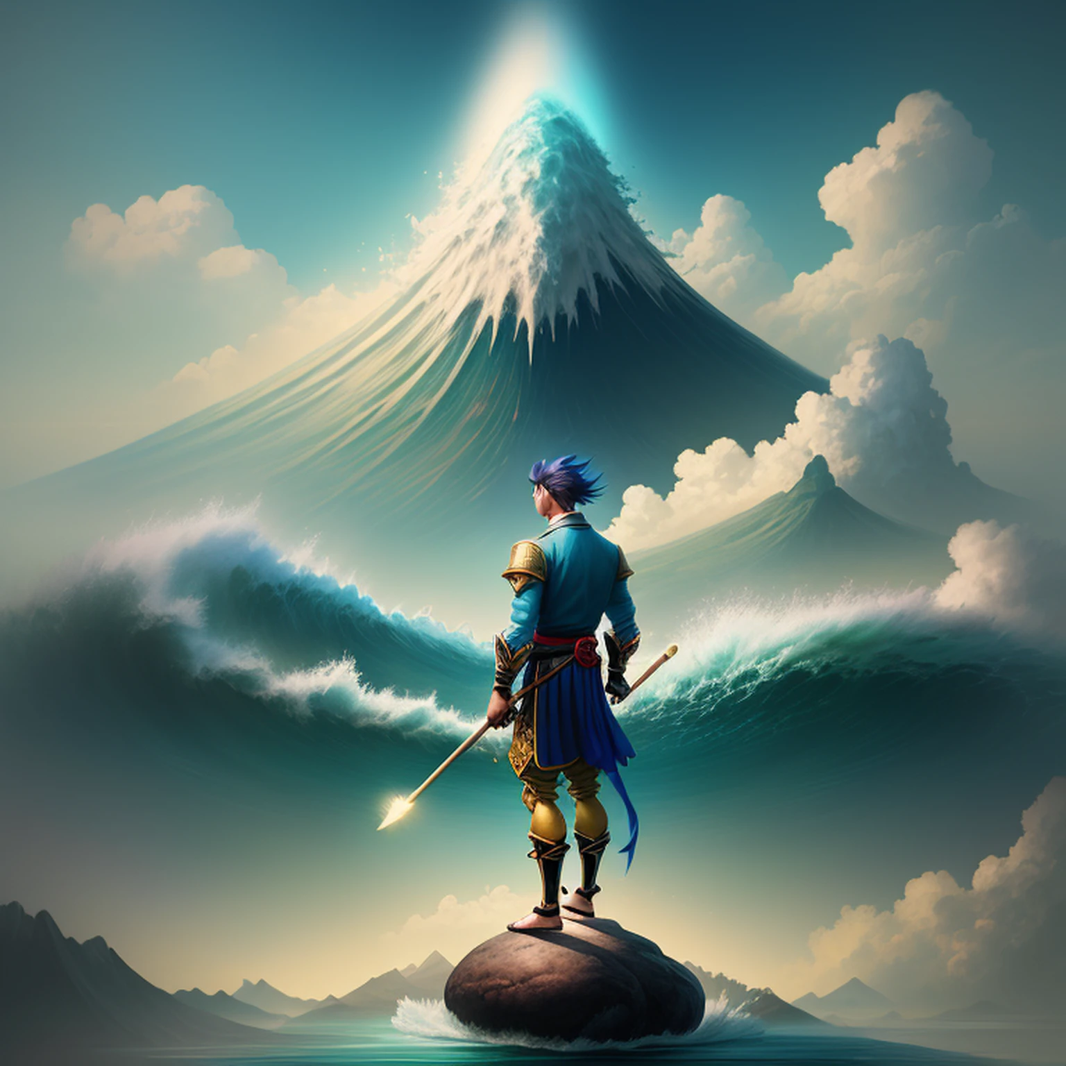 A man standing on a tsunami with a bamboo stick at his feet and looking out over the city in the distance, uma pintura detalhada de Ross Tran, Destaque no Pixiv, arte de fantasia, Arte Oficial, artstation hd |, anime aesthetic