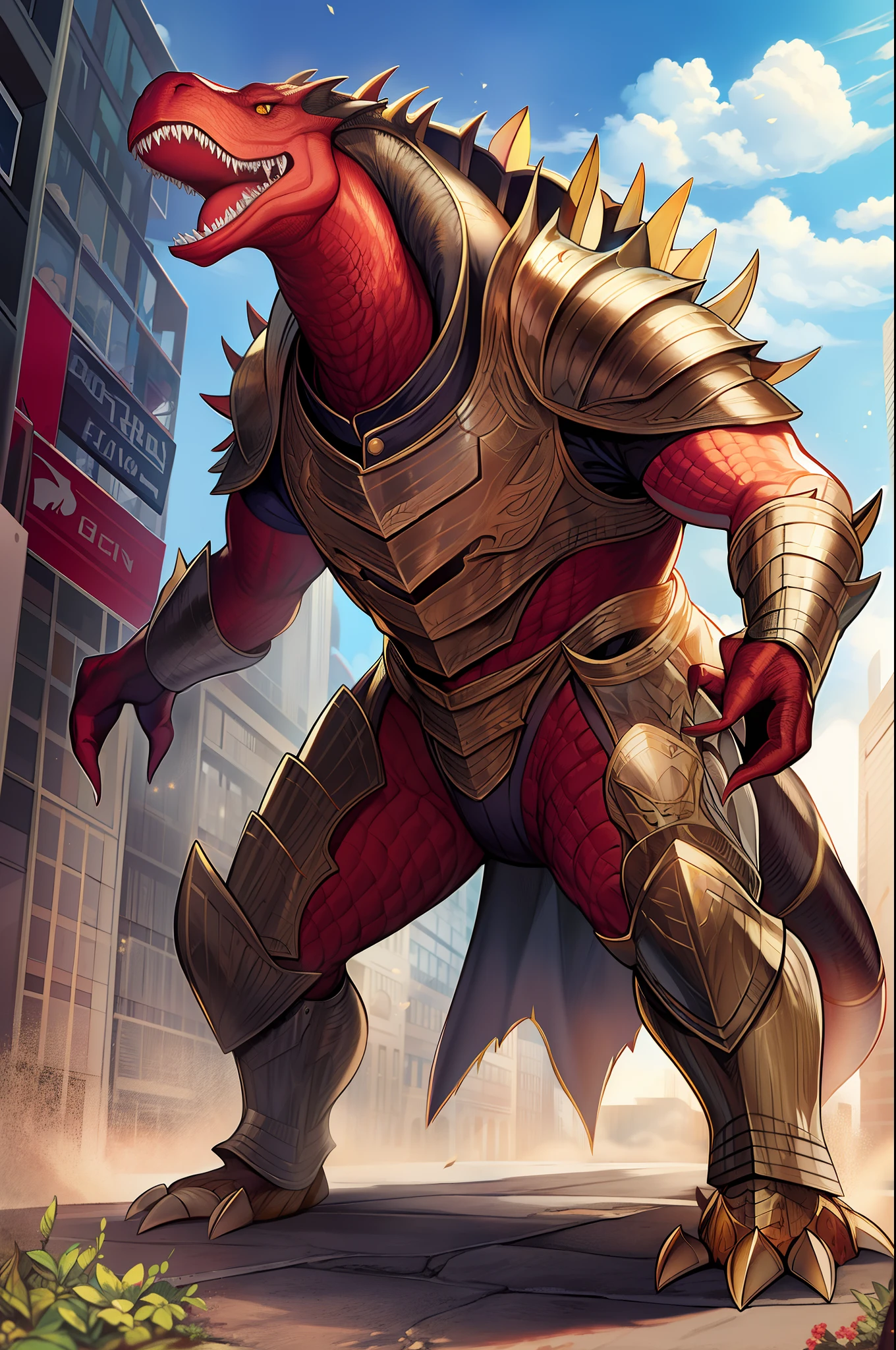 villain, t-rex, monster, metal hero, dinosaur, saurian, clothed, armored, anthro, cape, standing, solo focus, edgy