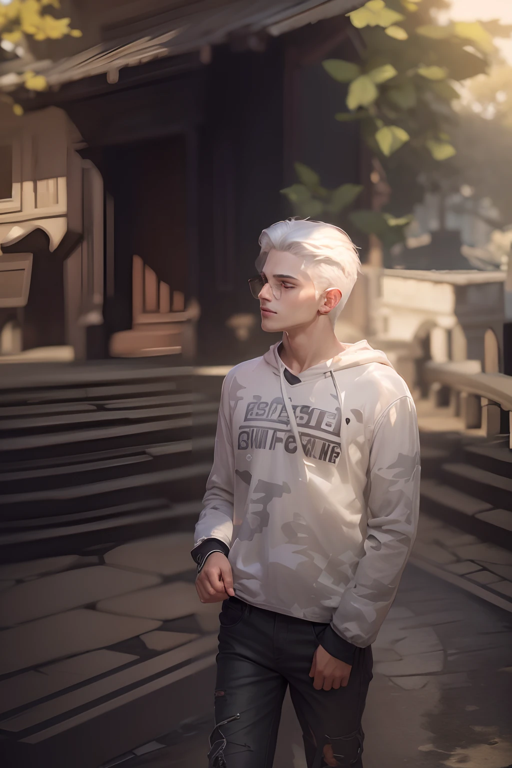 (absurdres, highres, ultra detailed, HDR), masterpiece, best quality, a boy, solo, handsome, short hair, white hair, finely eye and detailed face, casual clothes, real shadow, lift hand in peace sign, joyful, ear piecing,