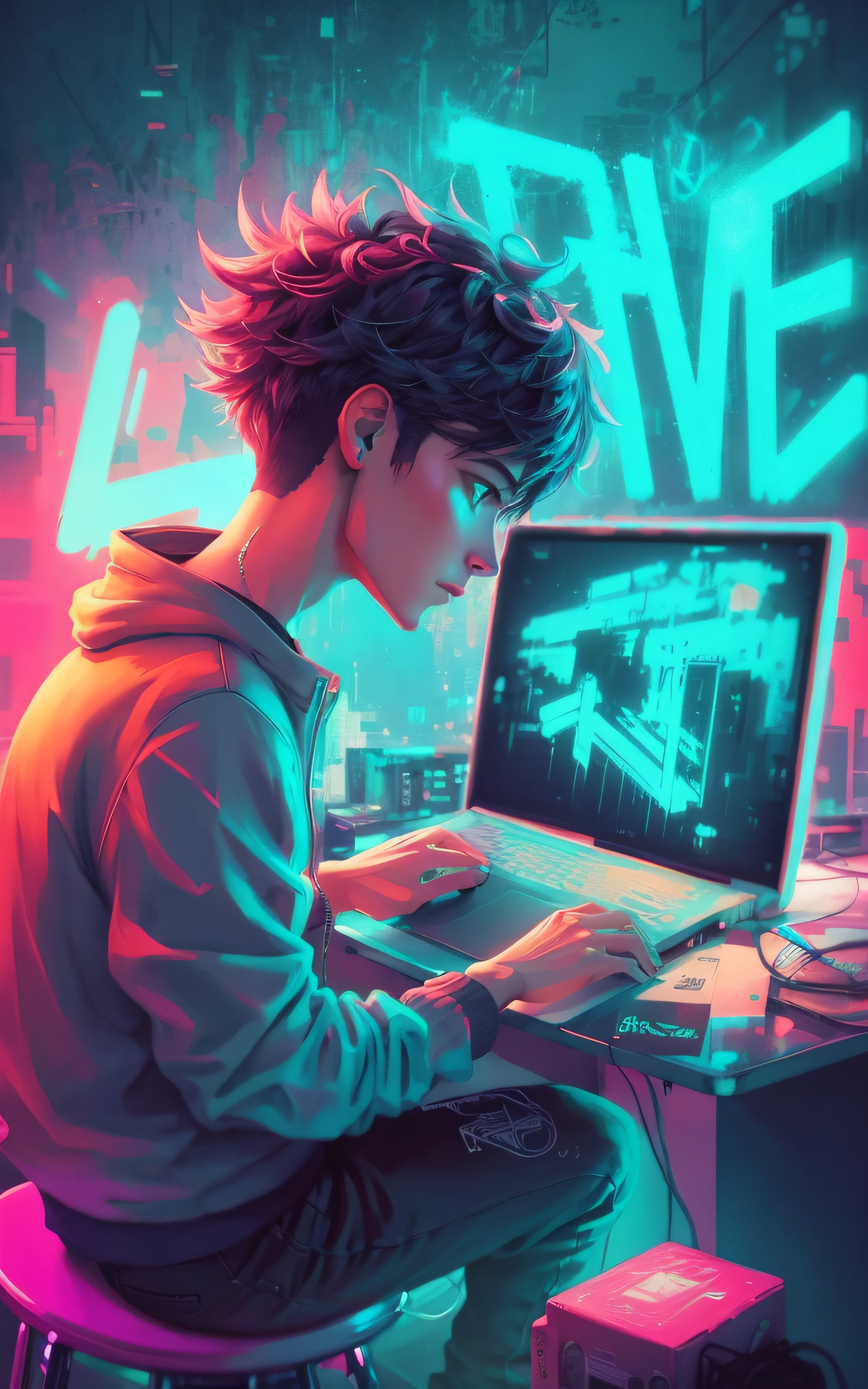 a man sitting on a stool using a laptop, inspirado em Liam Wong, inspirado em Cyril Rolando, Cyril Rolando e Goro Fujita, estilo de arte cyberpunk, baixo detalhamento. pintura digital, estilo de arte synthwave ]!!, estilo de arte synthwave, No estilo de Cyril Rolando, estilo de arte cyberpunk, inspirado em NEVERCREW