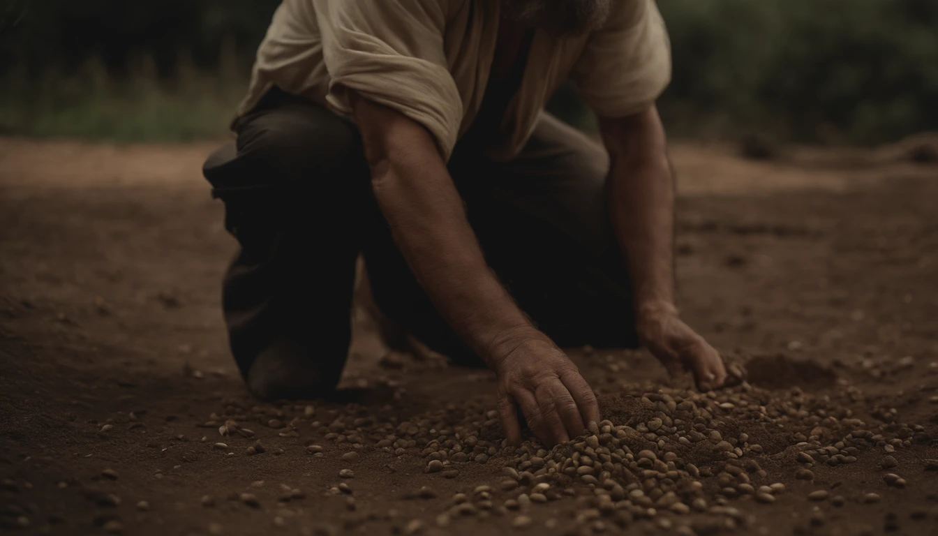 um homem hebreu, idade de 50 anos, barba grisalha, no tempo de Jesus cristo, throwing plant seeds on the dirt floor